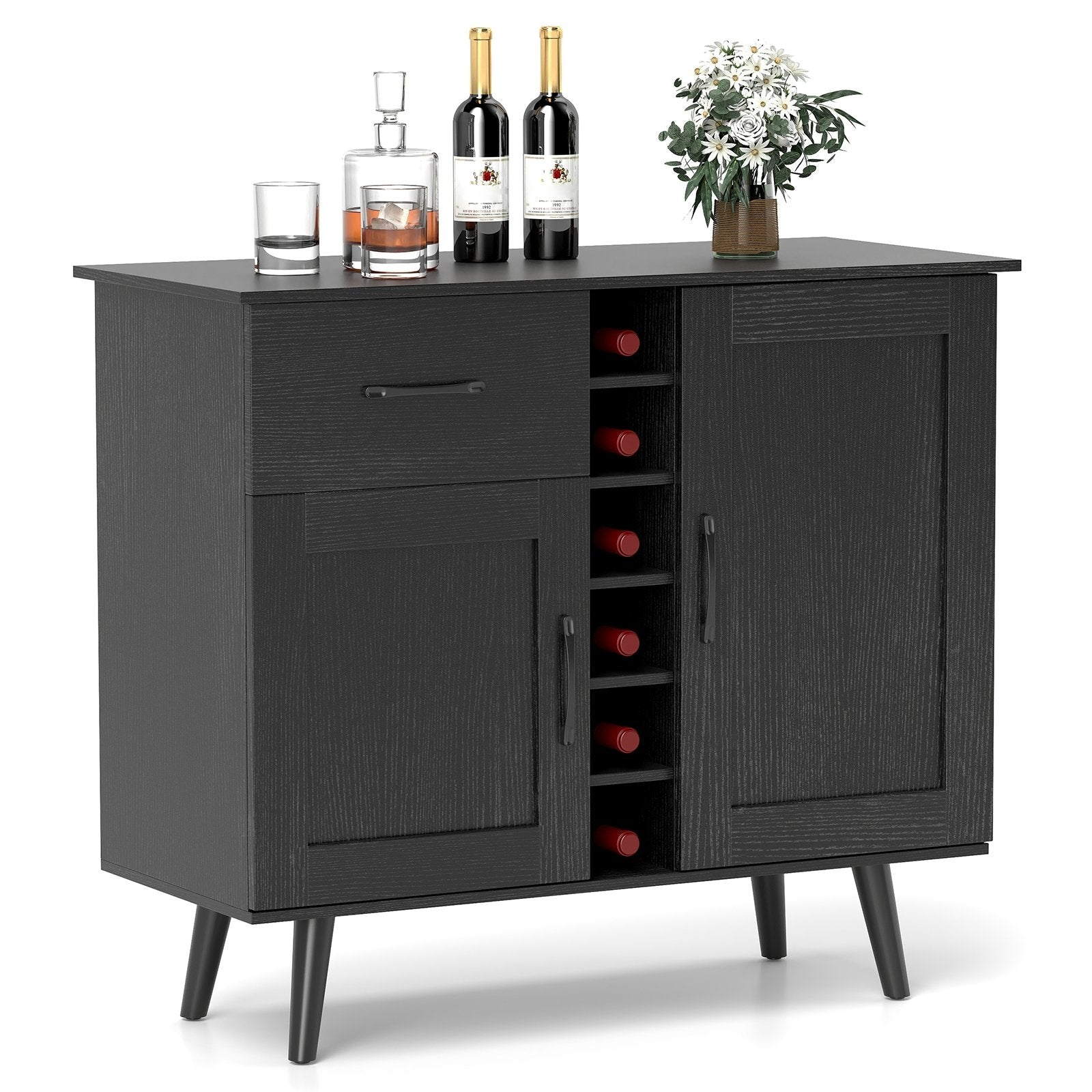 Modern Wine Bar Buffet Cabinet with 6-Bottle Wine Rack-Black