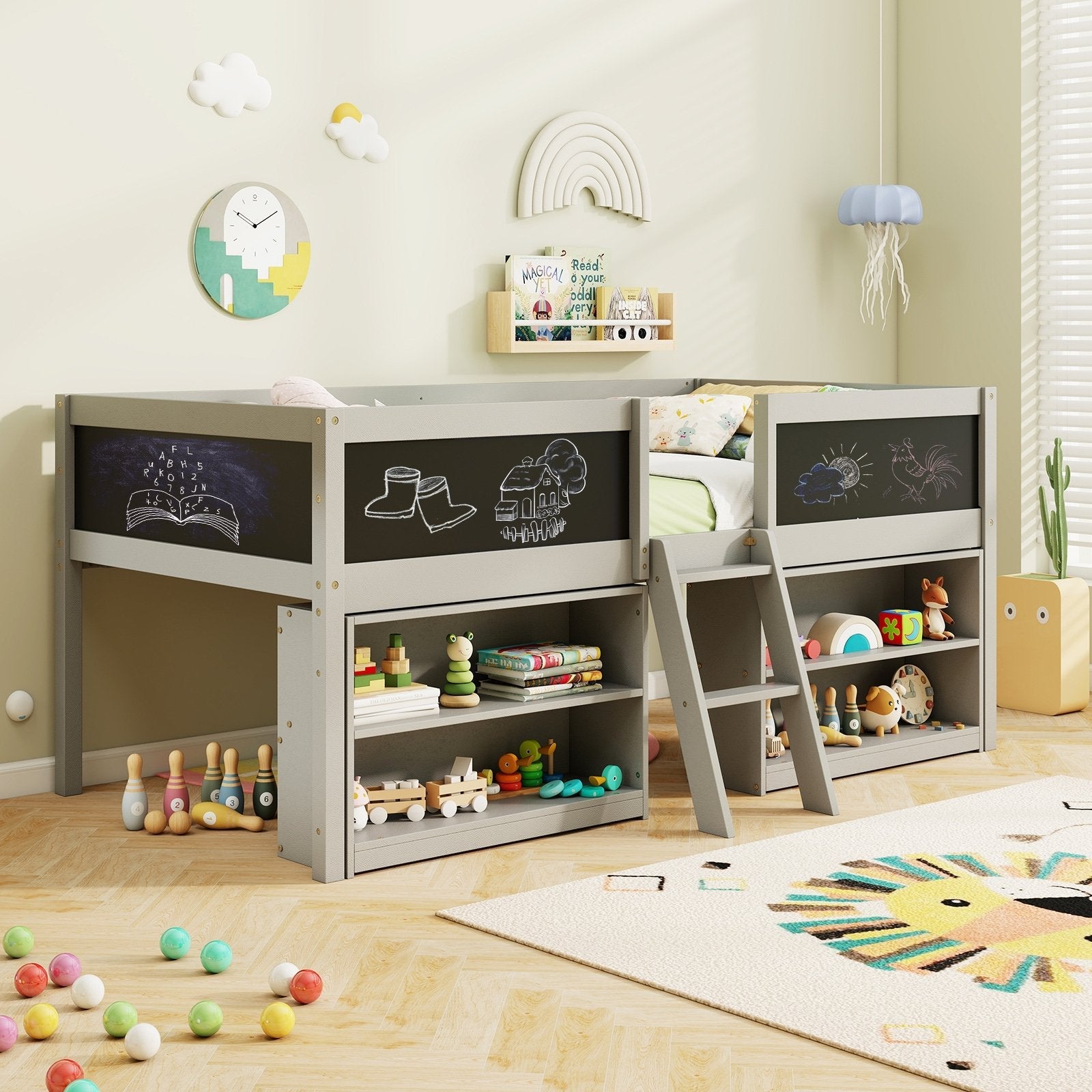 Kid Twin Size Low Loft Bed with Chalkboard Ramp Ladder and Bookcases-Gray