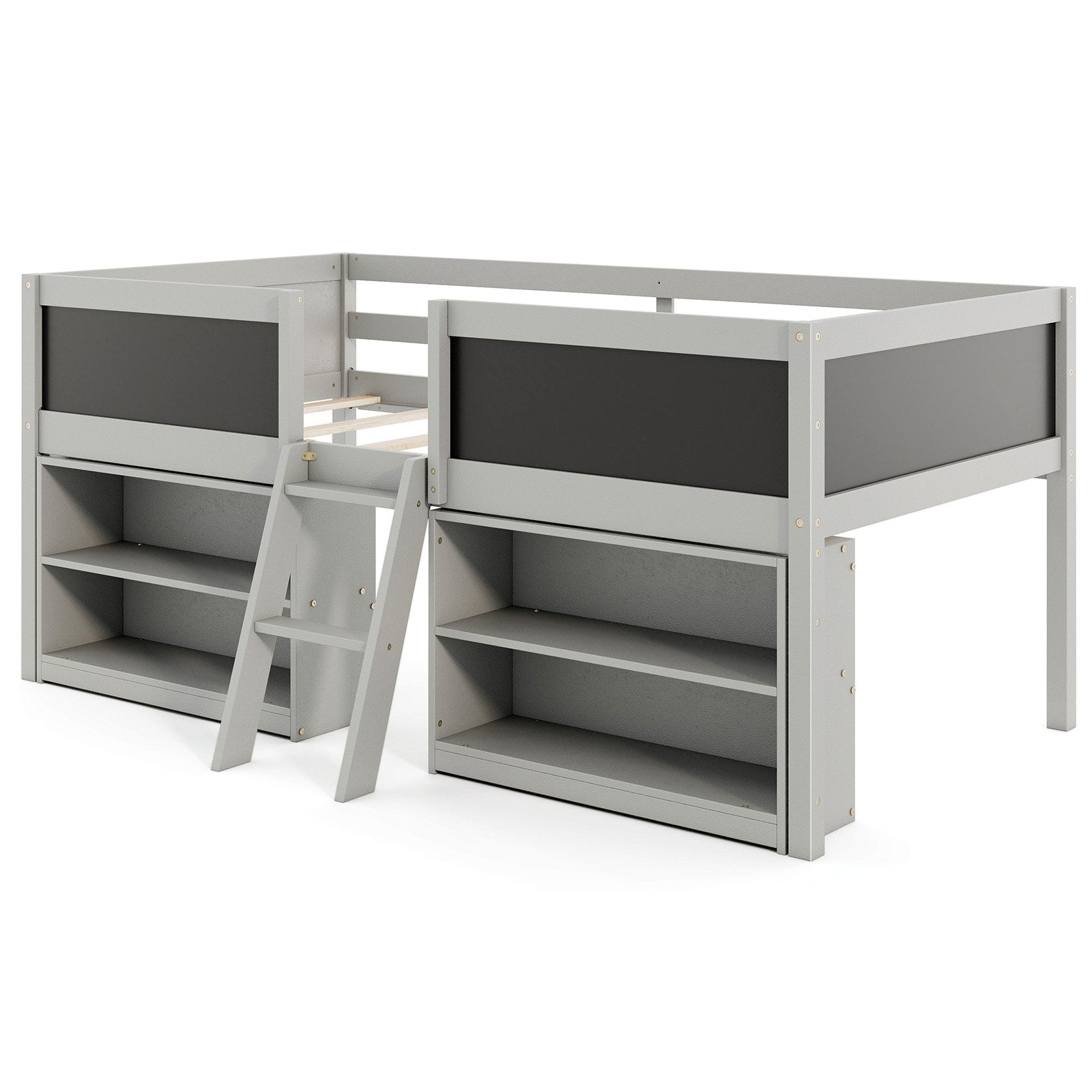 Kid Twin Size Low Loft Bed with Chalkboard Ramp Ladder and Bookcases-Gray