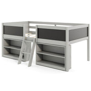 Kid Twin Size Low Loft Bed with Chalkboard Ramp Ladder and Bookcases-Gray