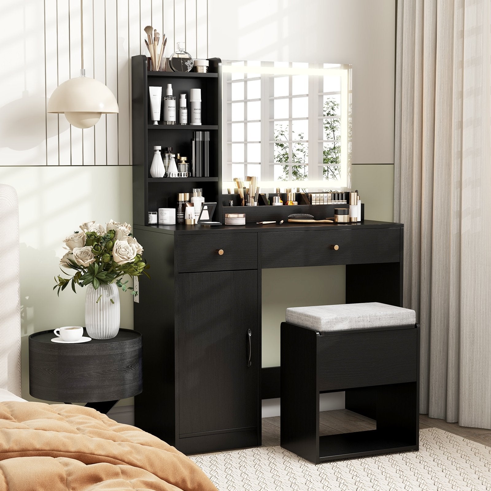 Vanity Dressing Table and Chair Set with Mirror and Lights-Black