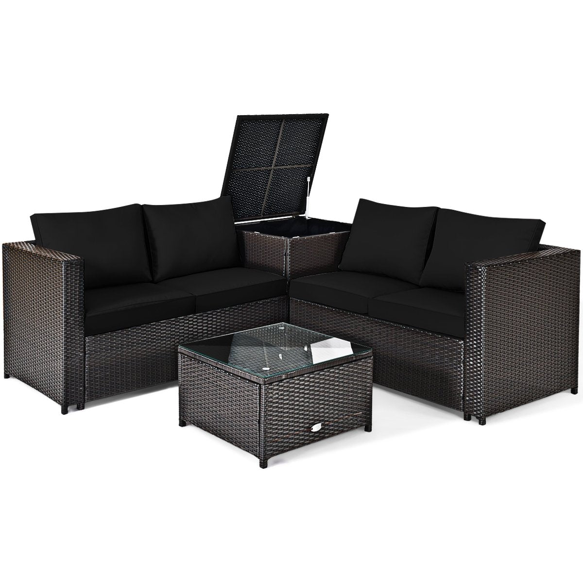 4 Pieces Outdoor Patio Rattan Furniture Set with Loveseat and Storage Box-Black
