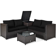 4 Pieces Outdoor Patio Rattan Furniture Set with Loveseat and Storage Box-Black