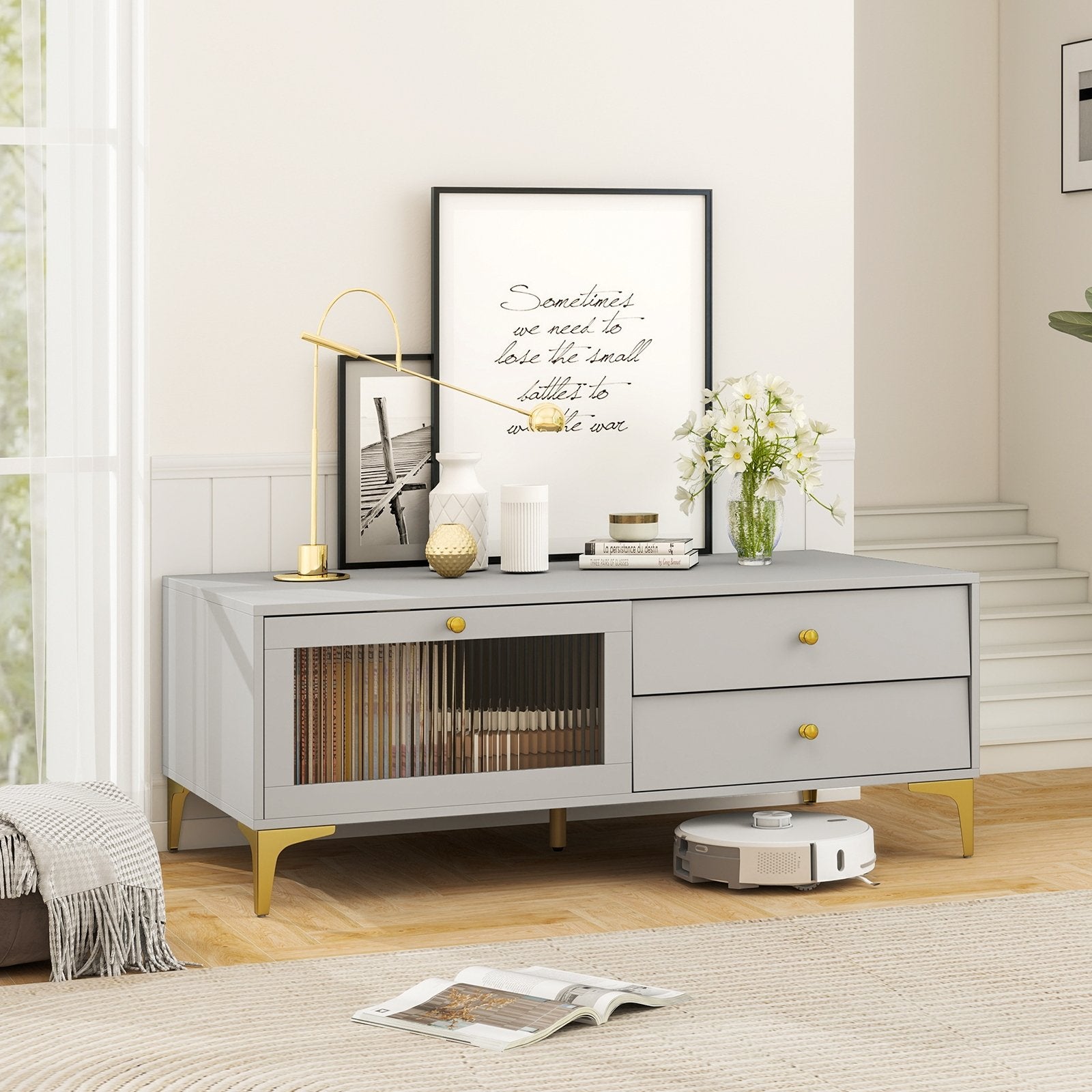 TV Stand with Compartment and Drawers for 55 Inch TV-Gray