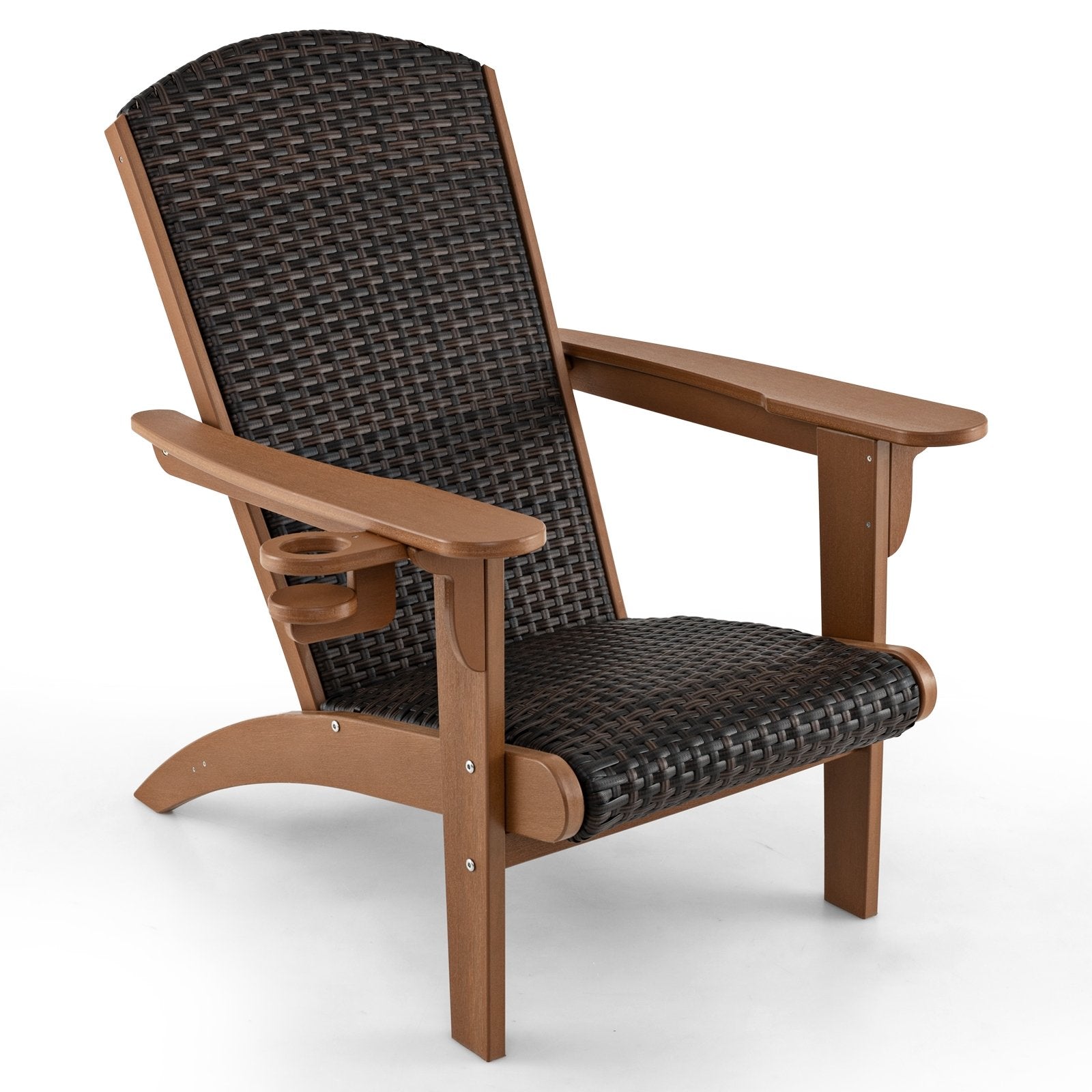 Patio Adirondack Chair with Rattan Padded Seat and Hidden Cupholder-Black