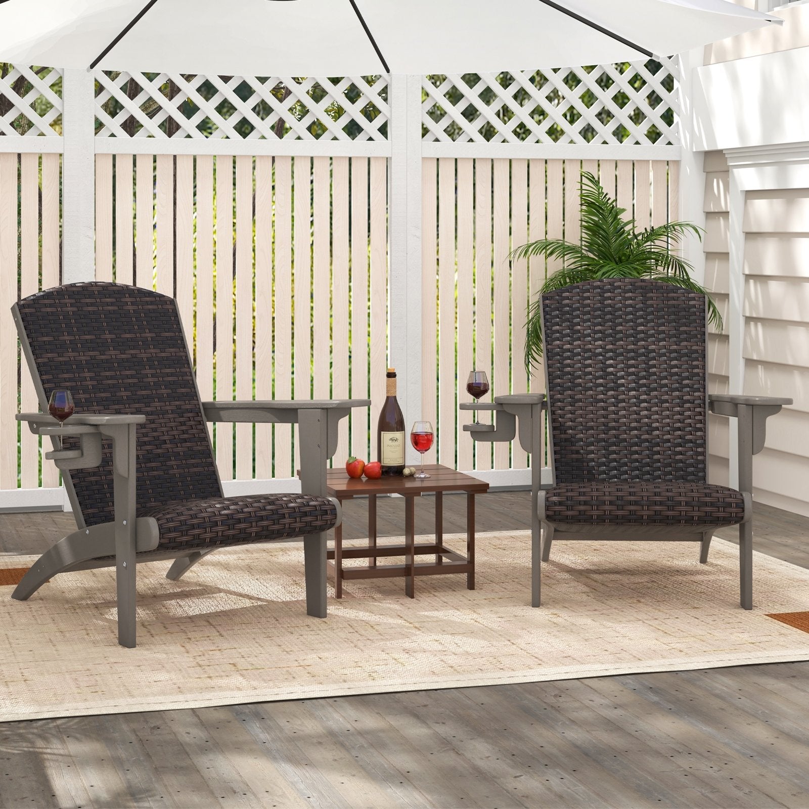 Patio Adirondack Chair with Rattan Padded Seat and Hidden Cupholder-Black