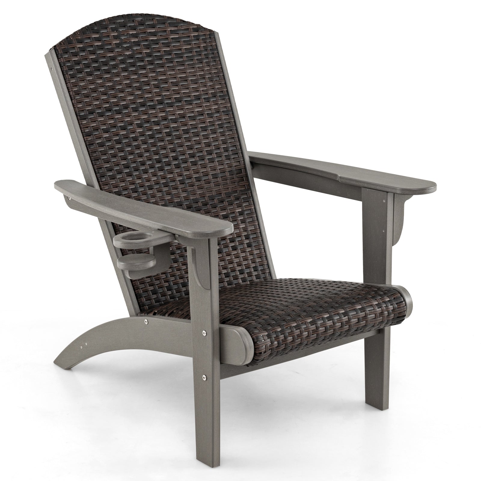 Patio Adirondack Chair with Rattan Padded Seat and Hidden Cupholder-Black