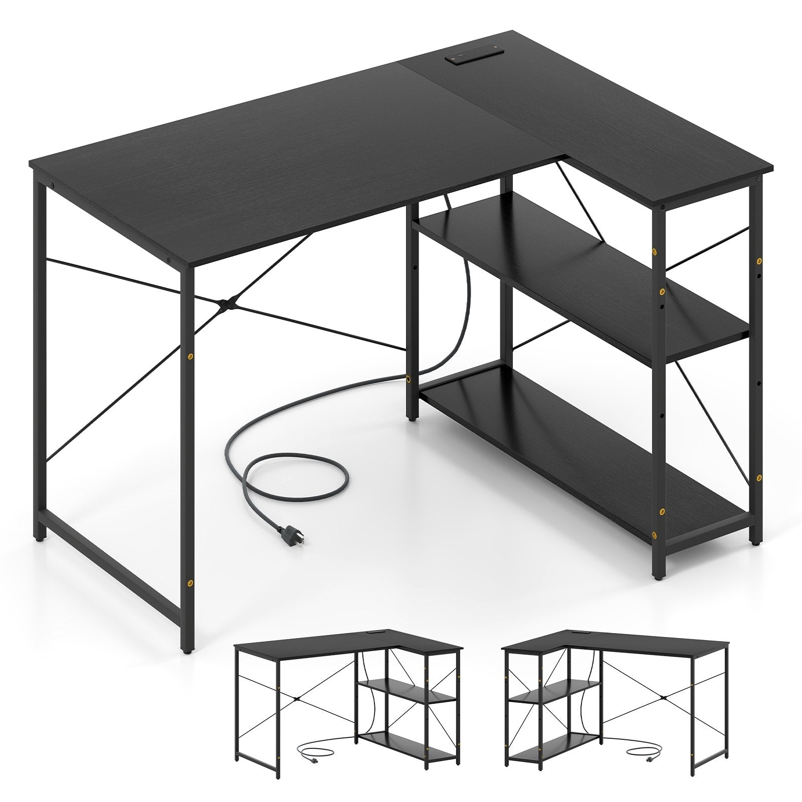 L-shaped 47 Inch Reversible Corner Desk with Adjustable Storage Shelves-Black