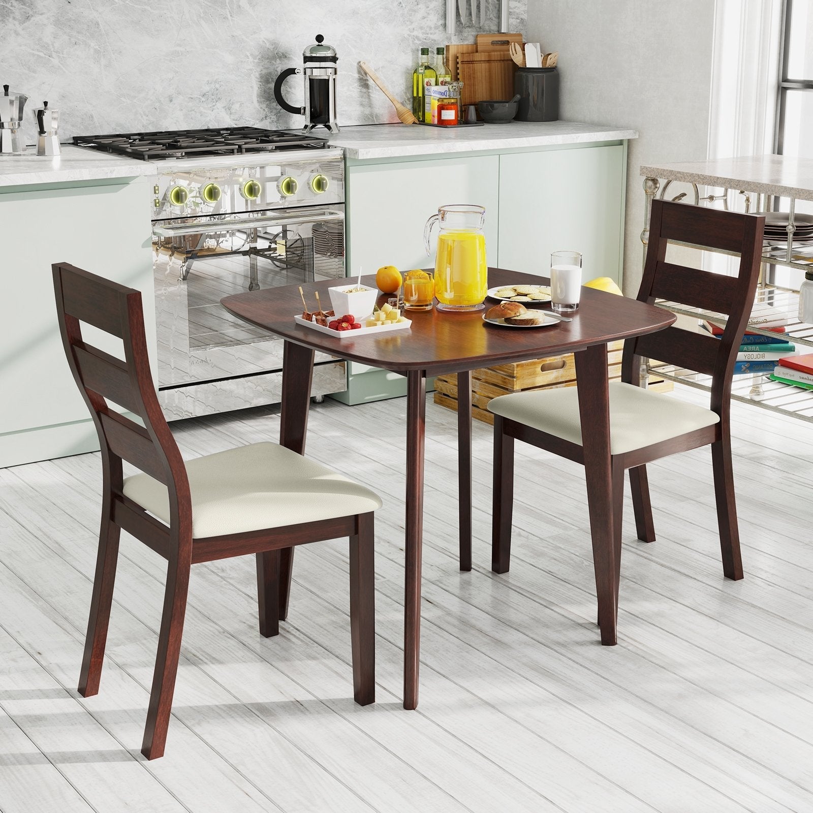 3-Piece Dining Table Set with Wooden Square Kitchen Table and 2 Chairs-Walnut