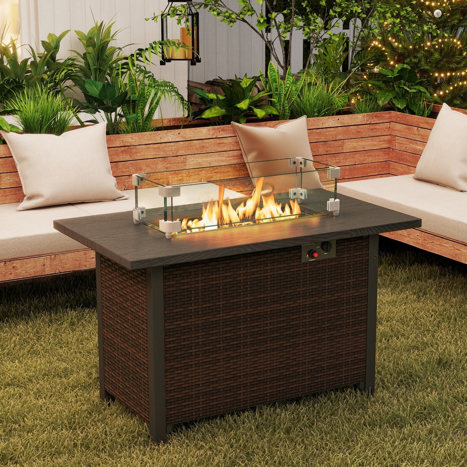50000 BTU 2 Inch ropane Gas Fire Pit Table with Wind Guard and Glass Rocks-Black