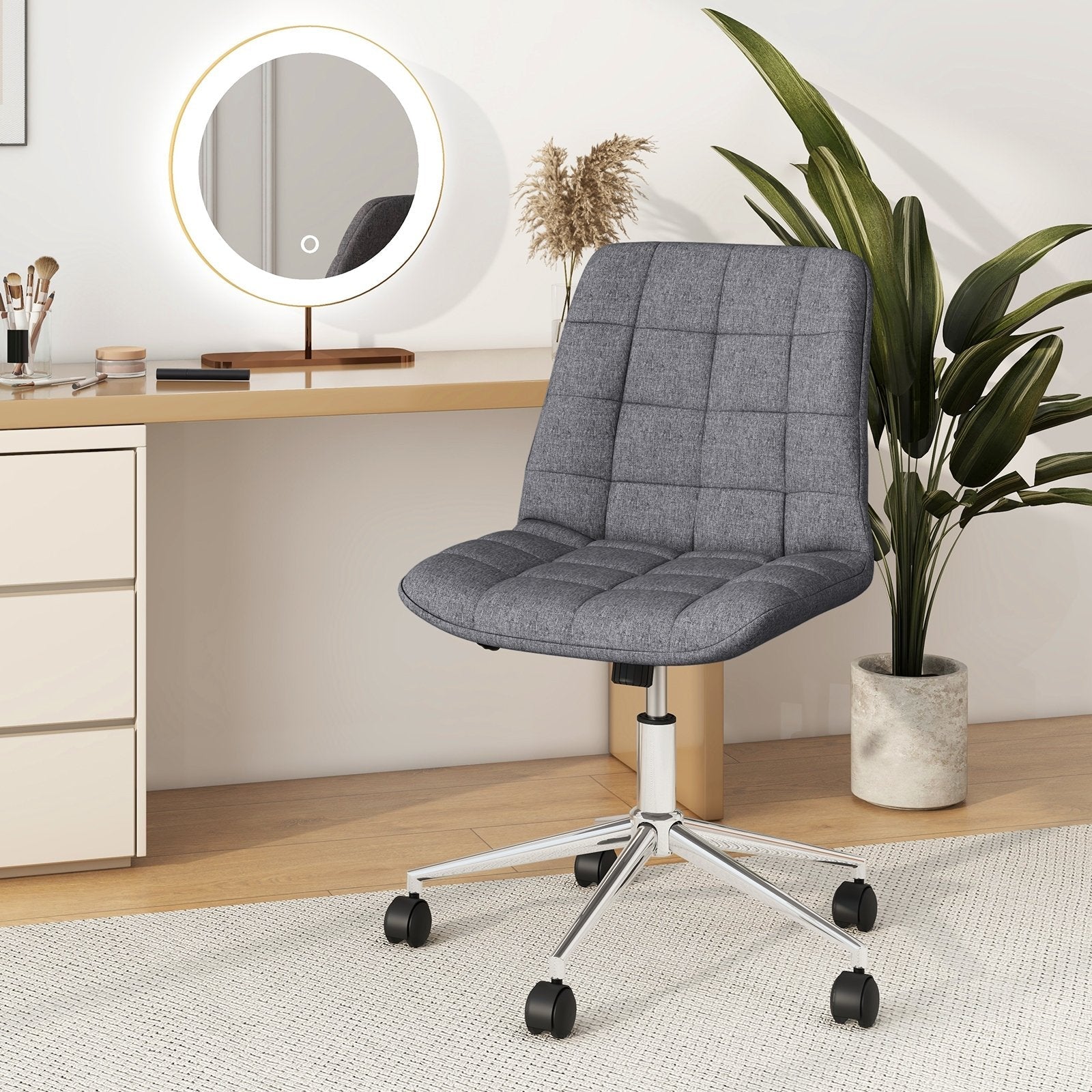 Armless Office Chair Upholstered Makeup Vanity Chair with Adjustable Height and Wheels-Grey