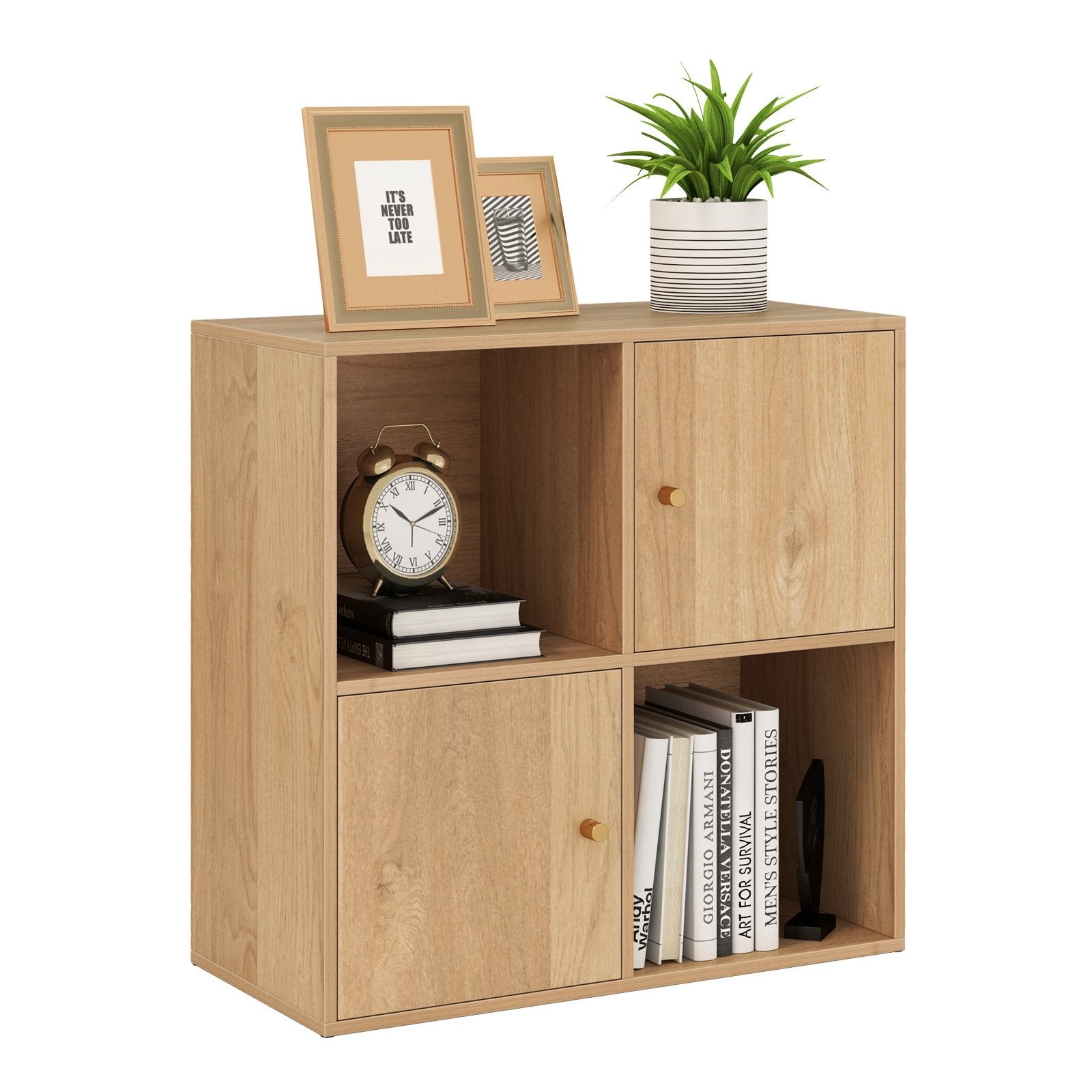 4-Cube Bookcase 3-Tier Bookshelf with Dual Anti-Tipping Kits and 2 Cabinets-Natural