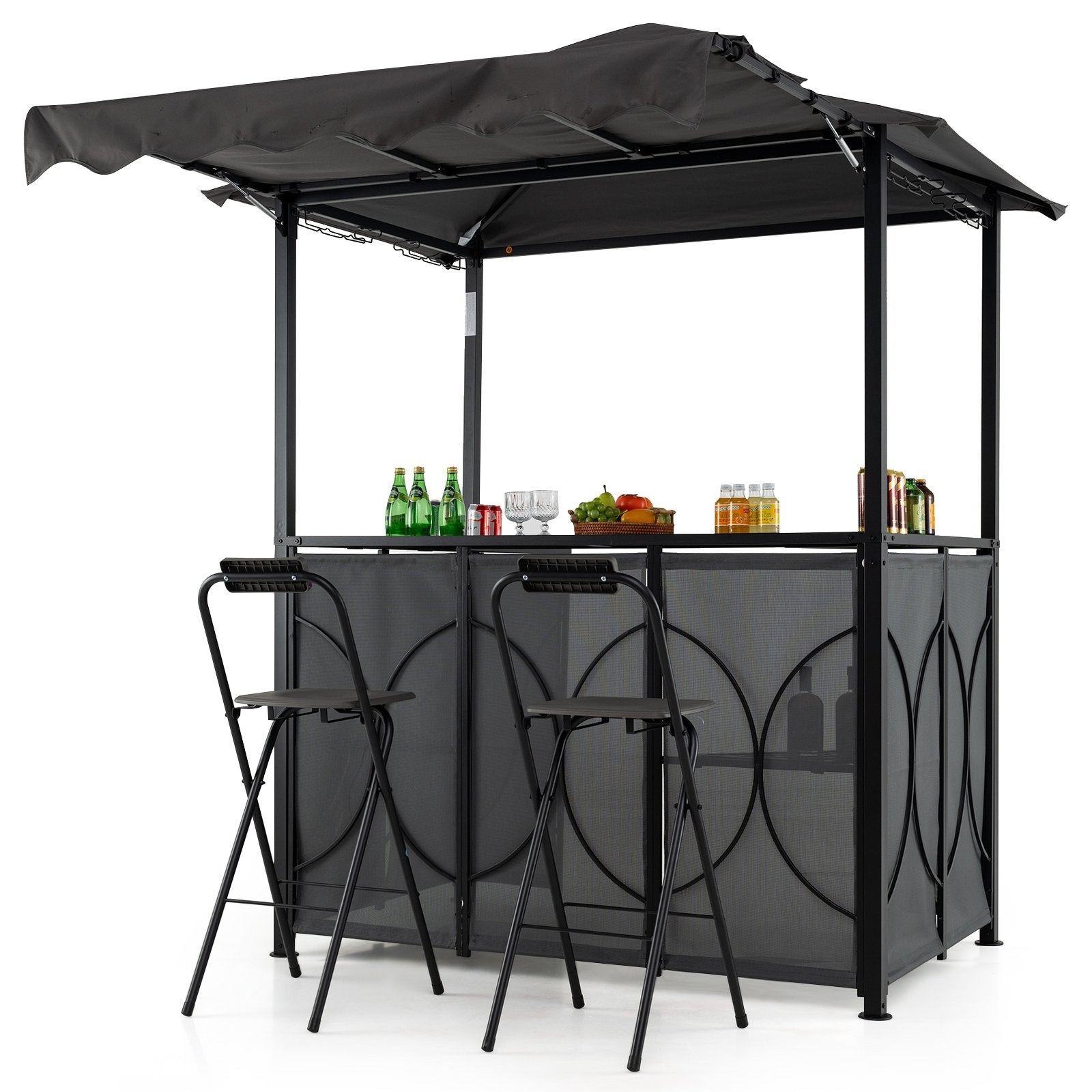 Grill Gazebo with Awning 3-Piece Outdoor BBQ Canopy Double-Tier Soft Top Barbecue Shelter-Coffee
