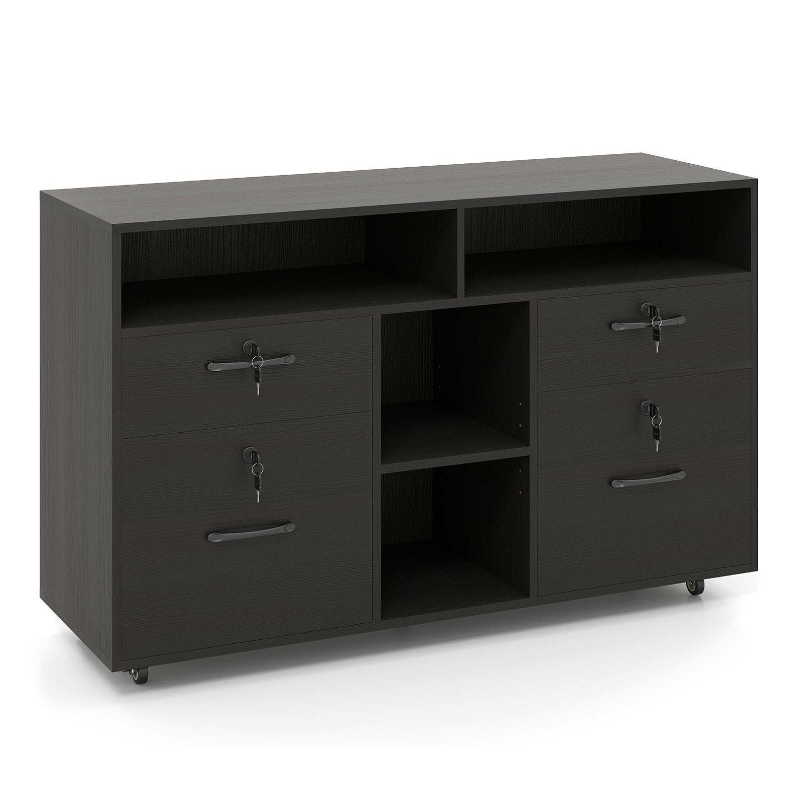 File Cabinet with Lock Mobile Lateral Filing Storage Organizer Modern Rolling Printer Stand-Black