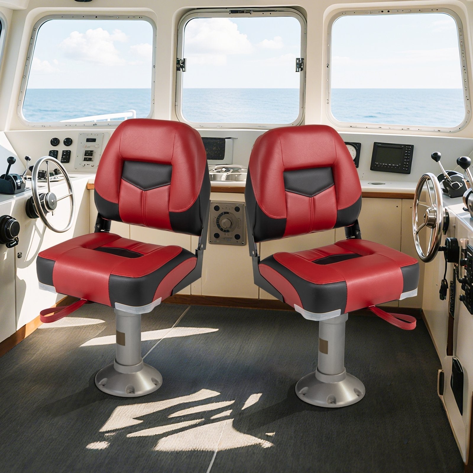 Set of 2 Folding Low Back Fishing Boat Seats with Stainless Steel Screws-Black