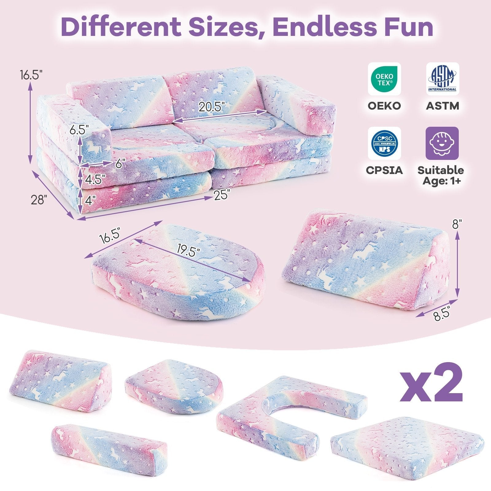 10 Pieces Modular Kids Play Couch Sectional Sofa Glow in the Dark-Gray