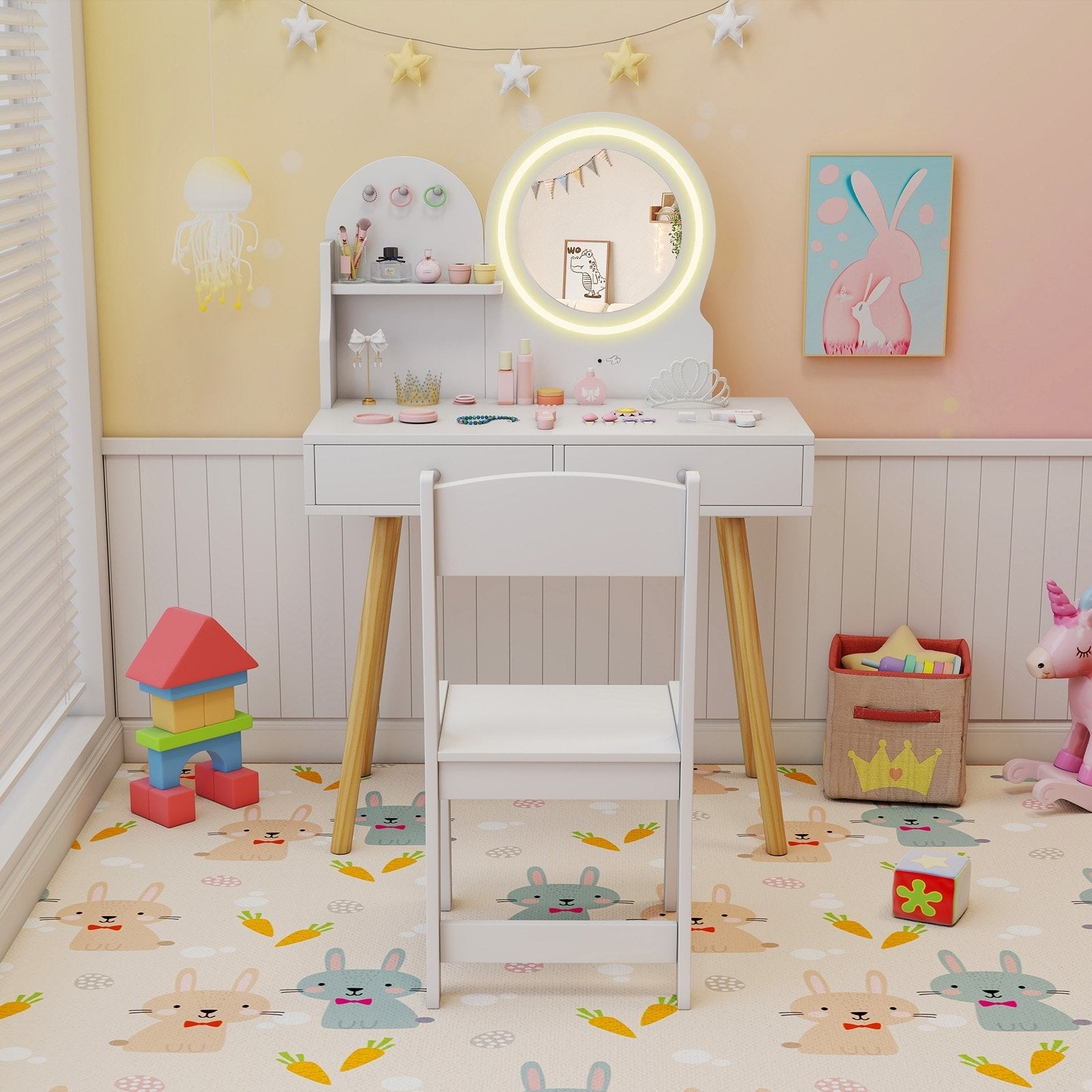 Kids Princess Makeup Dressing Desk and Chair Set with Mirror and Lights-Pink
