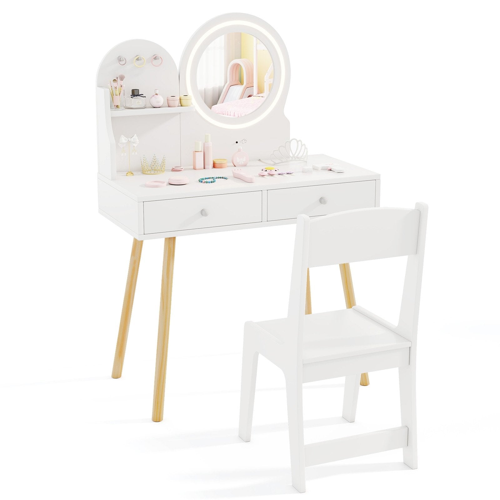 Kids Princess Makeup Dressing Desk and Chair Set with Mirror and Lights-Pink