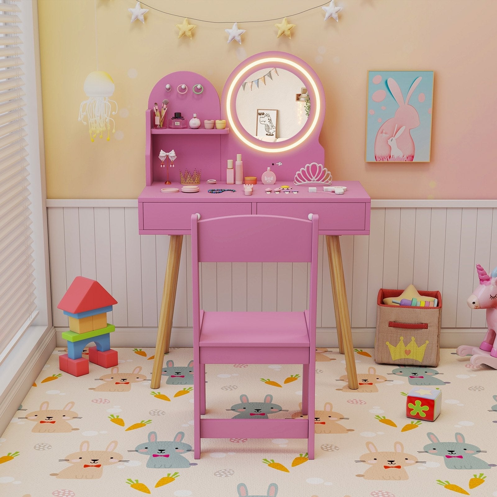Kids Princess Makeup Dressing Desk and Chair Set with Mirror and Lights-Pink