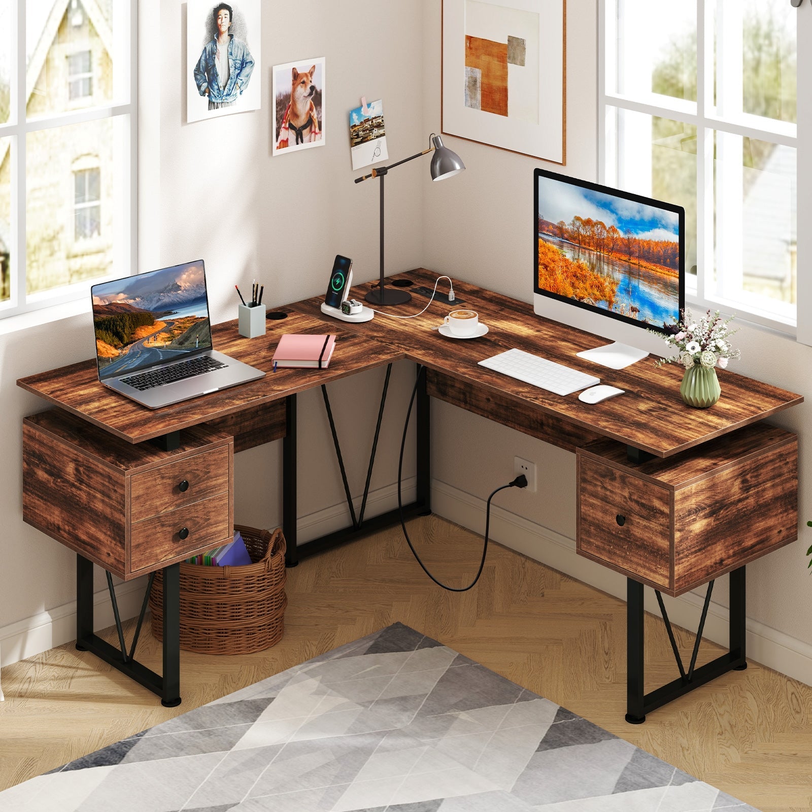 L-shaped Computer Desk with Power Outlets and 3 Storage Drawers-Rustic Brown
