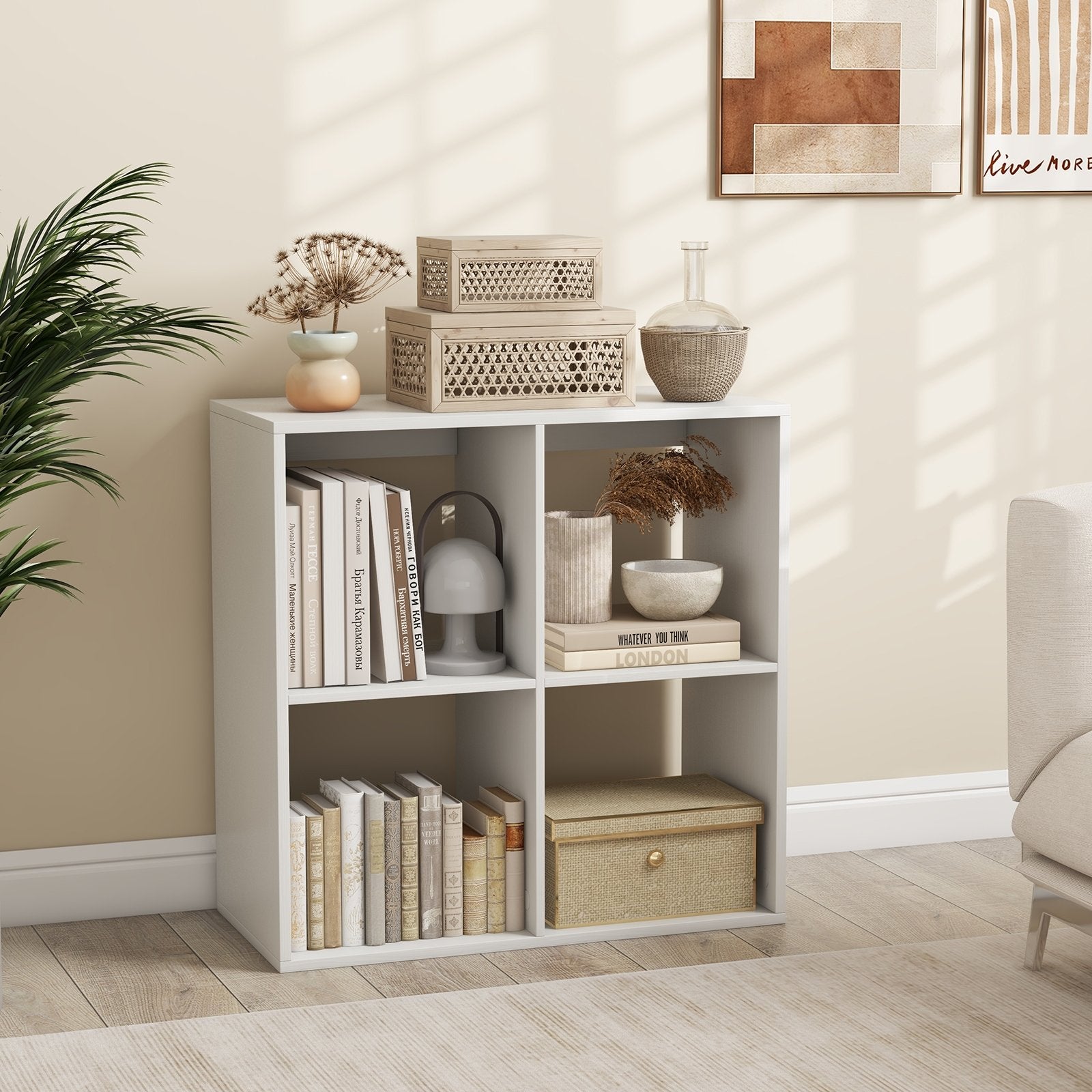 4 Cube Bookshelf with Back Guardrail for Living Room Bedroom-White