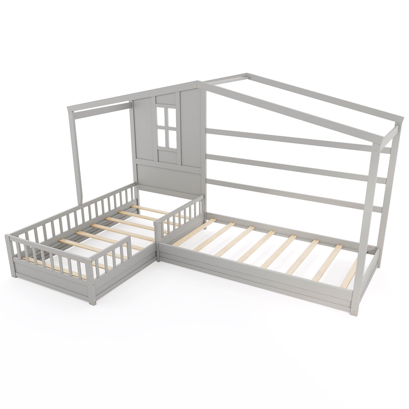L-shaped Double Twin Beds House Platform Beds with Fences Corner Bed Frame-Gray