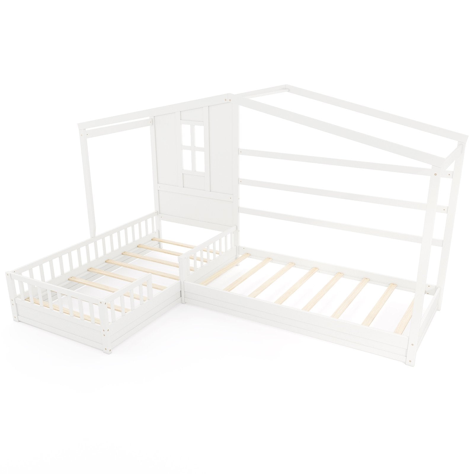 L-shaped Double Twin Beds House Platform Beds with Fences Corner Bed Frame-Gray