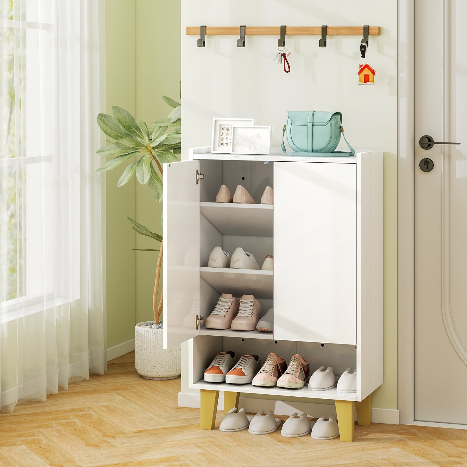 5-Tier Shoe Cabinet with Faux Marble Countertop and Flat Tilting Shelves-White
