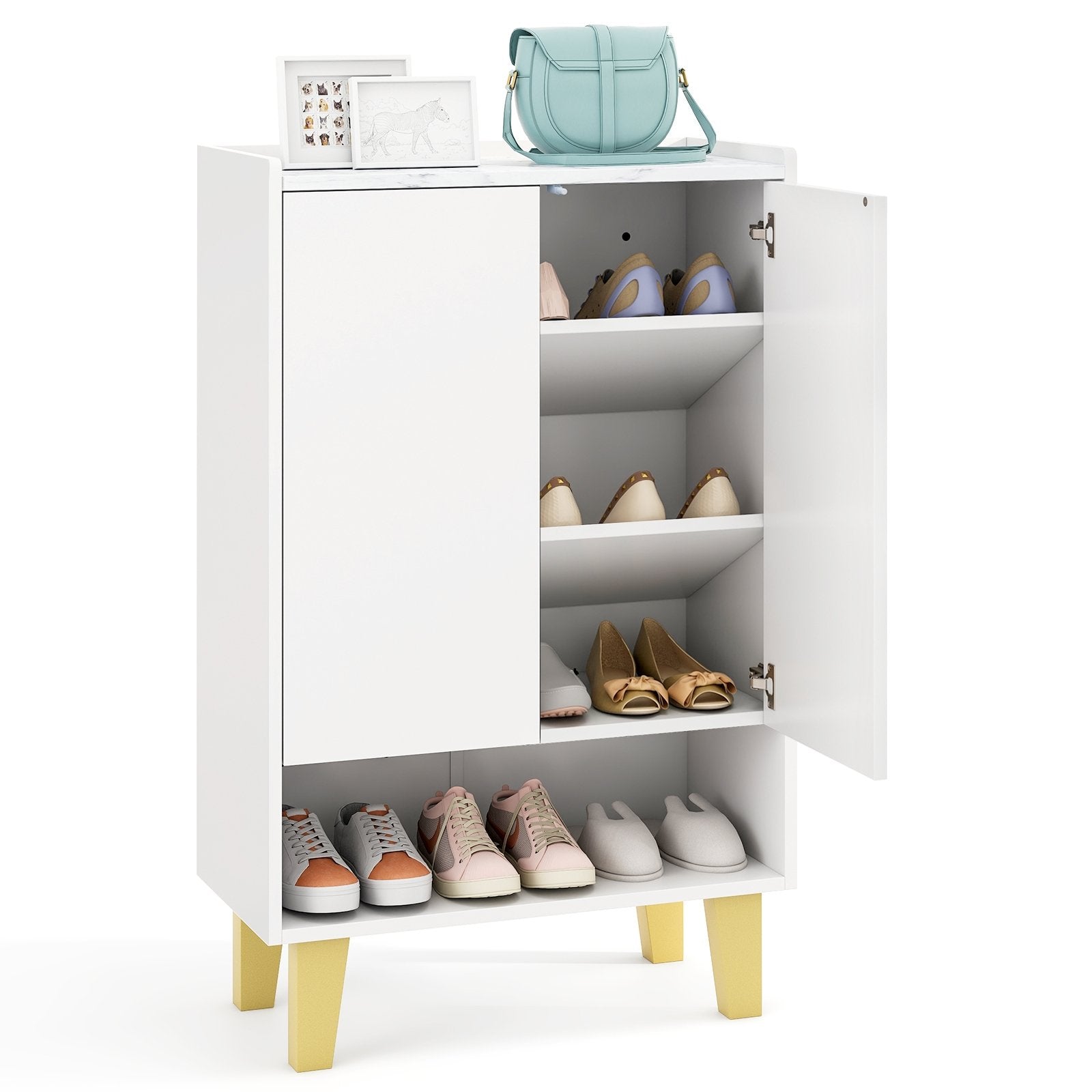 5-Tier Shoe Cabinet with Faux Marble Countertop and Flat Tilting Shelves-White