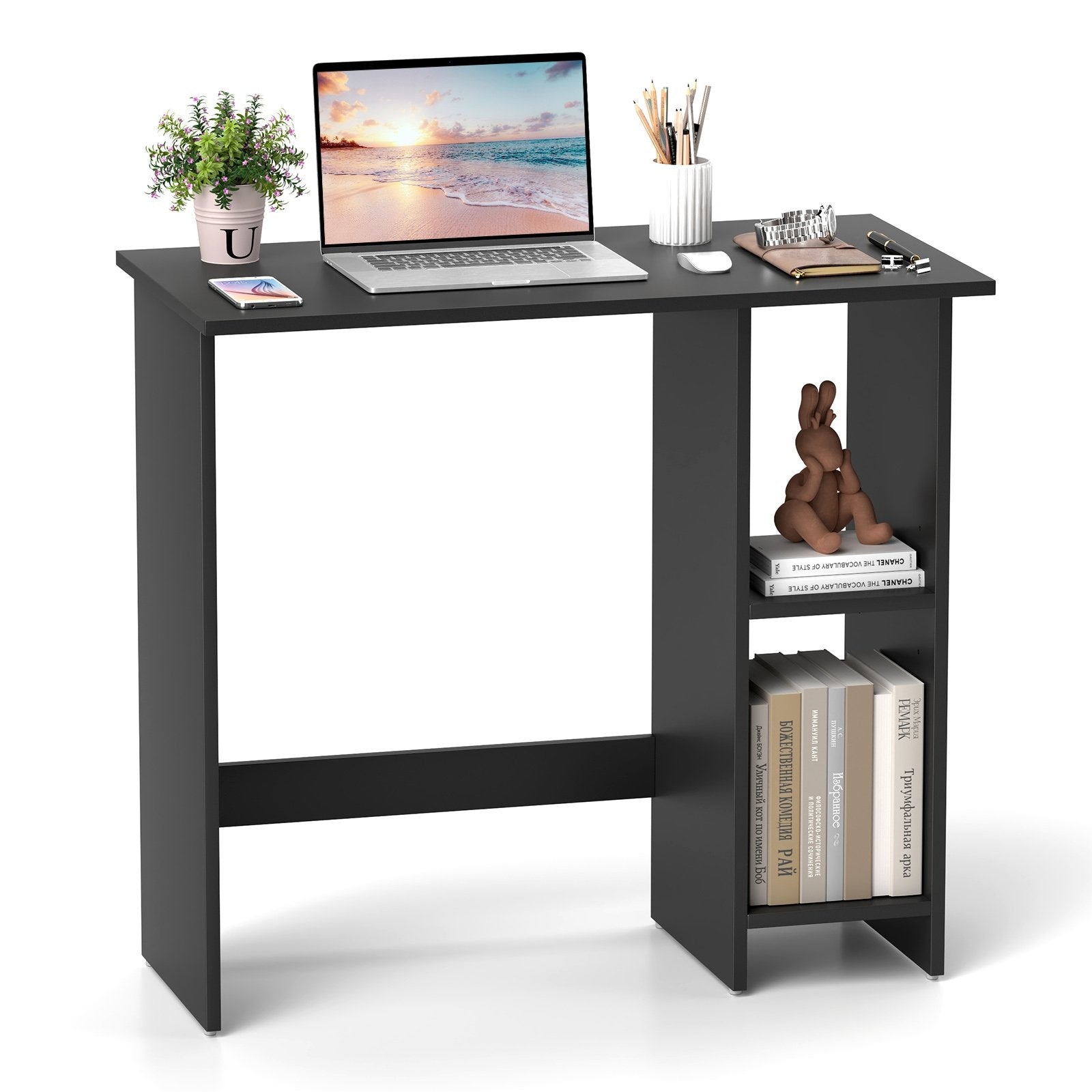 Small Computer Desk with Storage and Adjustable Shelf-Black