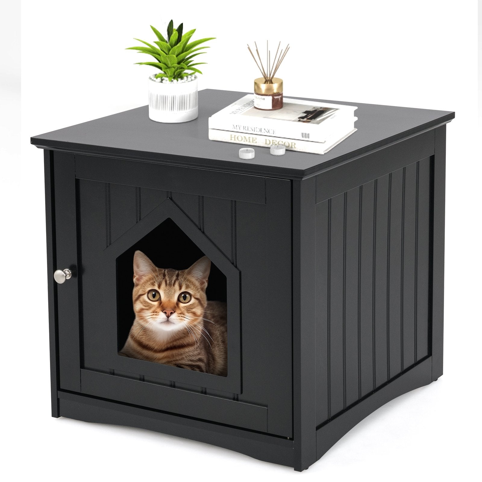 Sidetable Nightstand Weatherproof Multi-function Cat House-Black