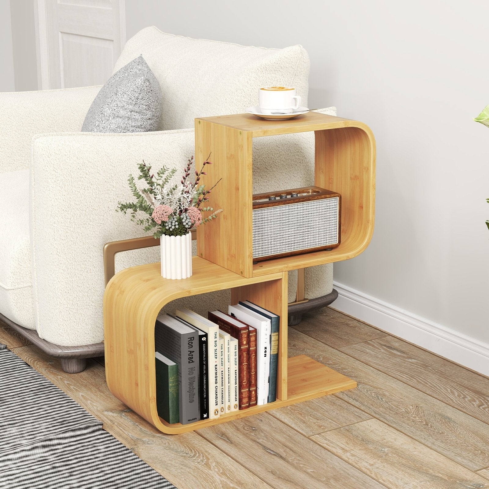 2-Tier S-Shaped Bamboo Bookcase with 2 Open Cubes for Living Room-Natural
