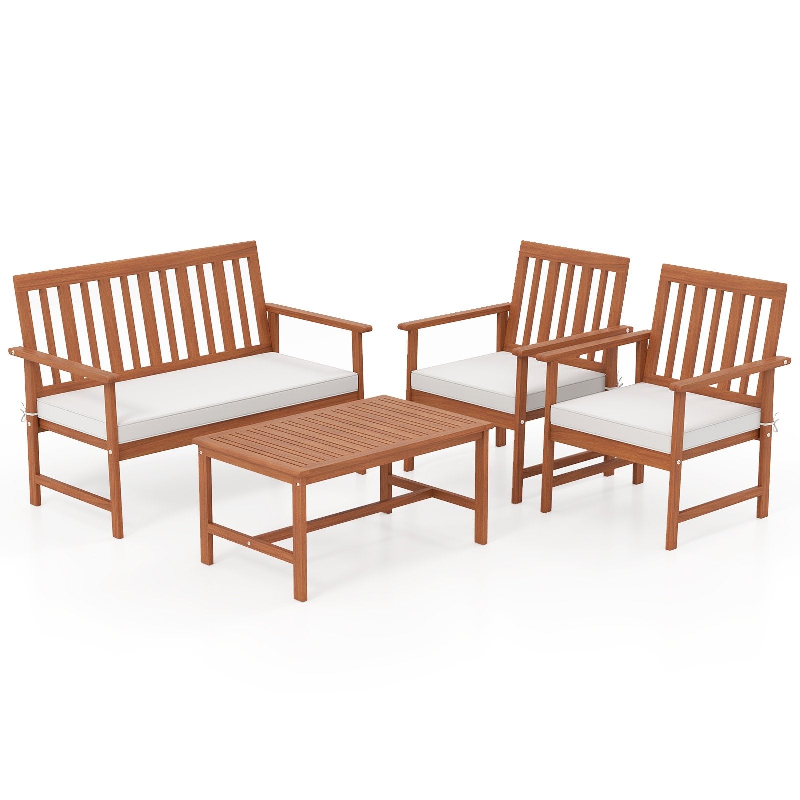 4 Pieces Acacia Wood Furniture Set with Seat Cushions and Robust Wood Frame-White