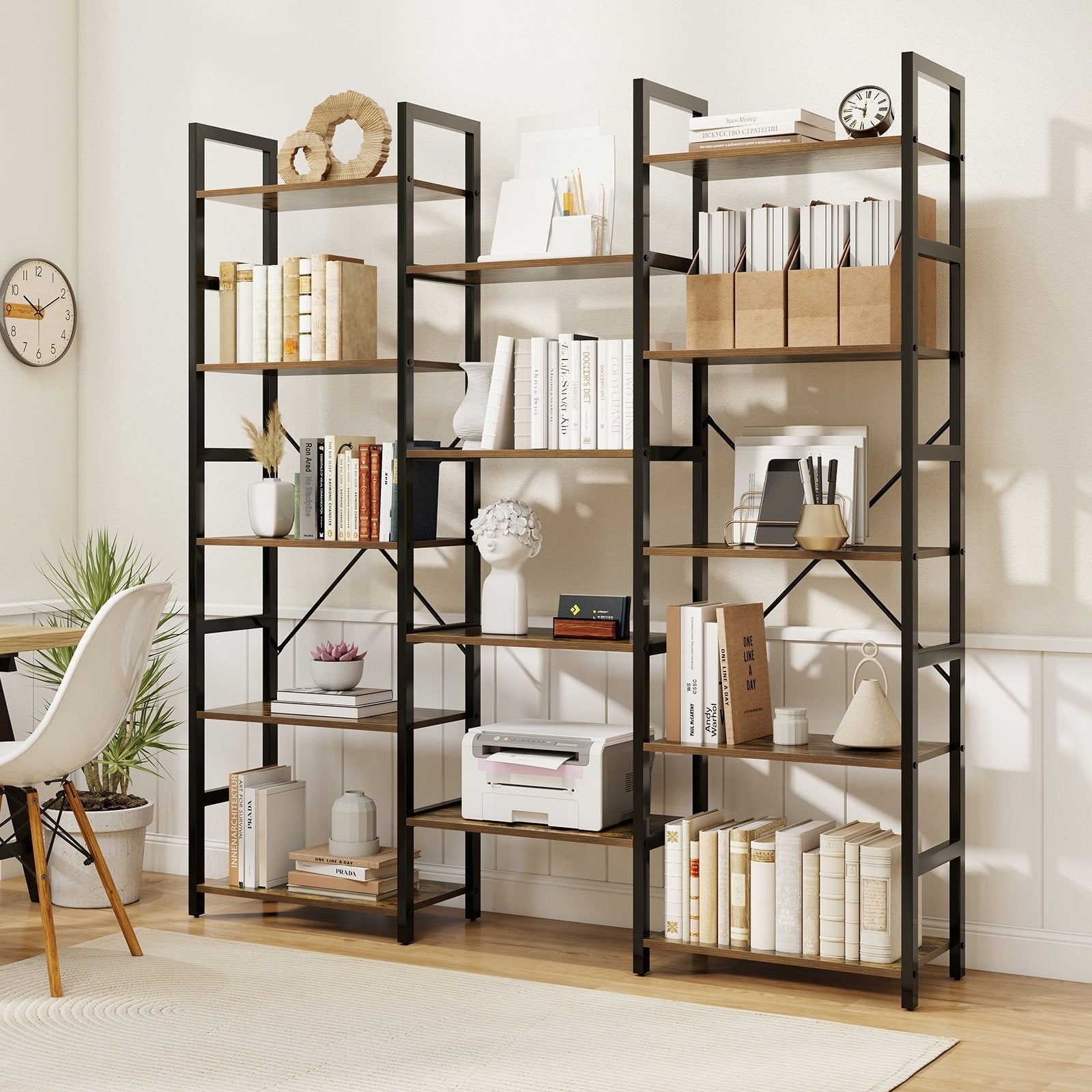 5-tier Triple Wide Heavy-duty Metal Frame Industrial Bookshelf-Rustic Brown