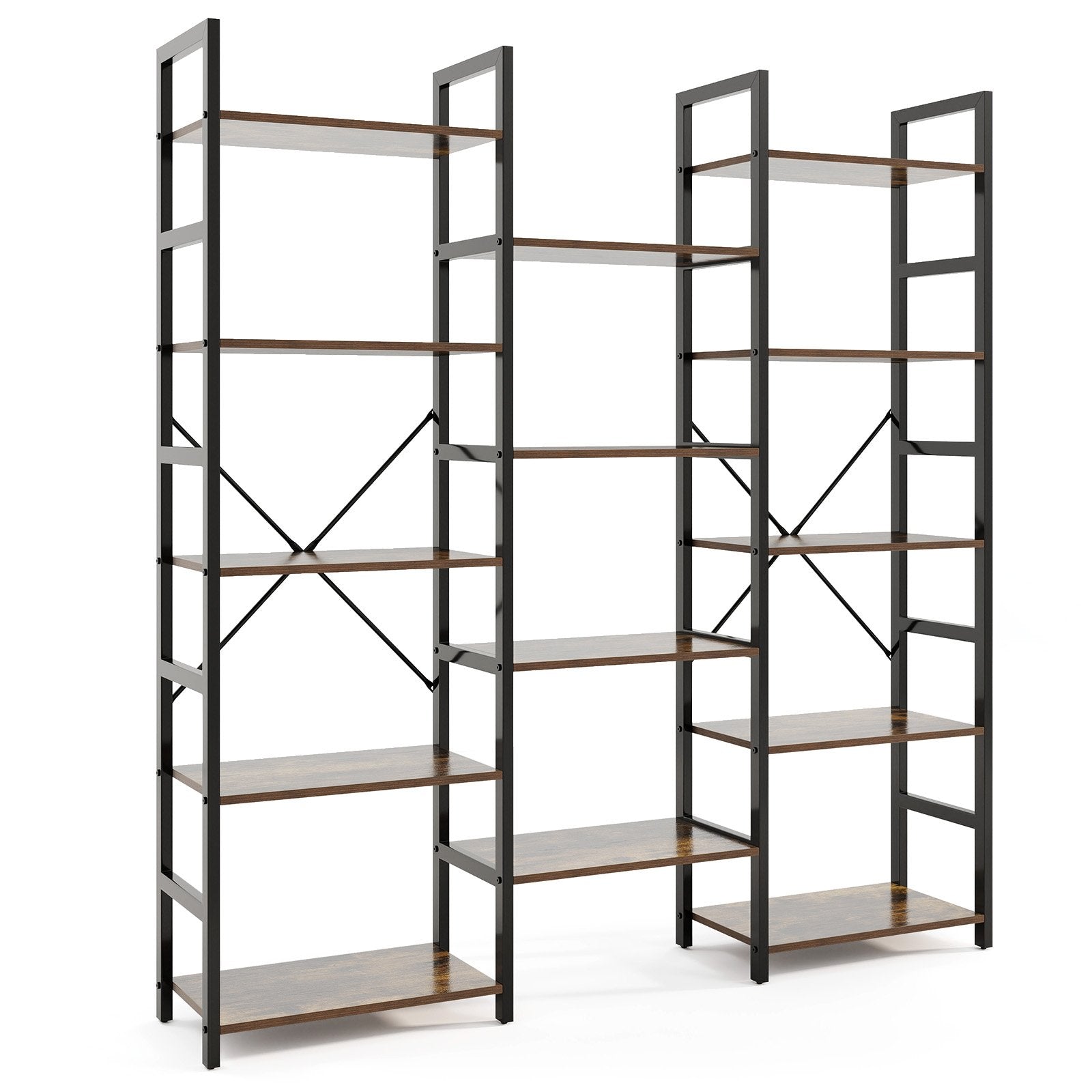 5-tier Triple Wide Heavy-duty Metal Frame Industrial Bookshelf-Rustic Brown