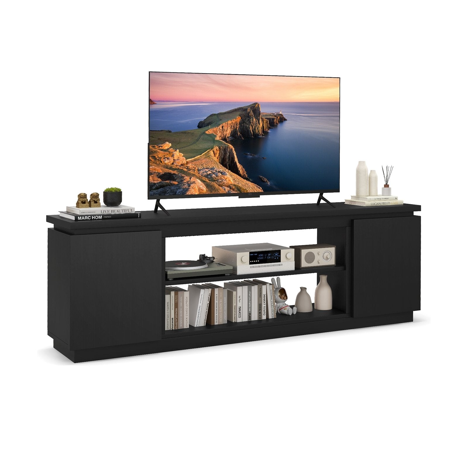 TV Cabinet with 3 Adjustable Shelves and Anti-Tipping Kits for TVs up to 80 Inch-Black