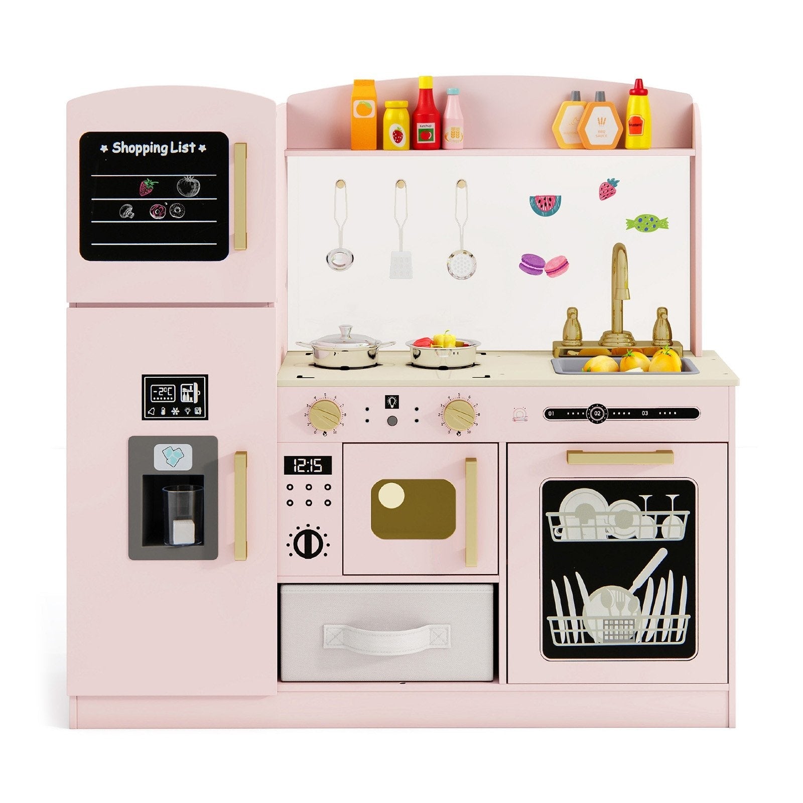 Wooden Kids Kitchen Playset with Chalkboard Ice Maker Sink Lighted Microwave-Pink