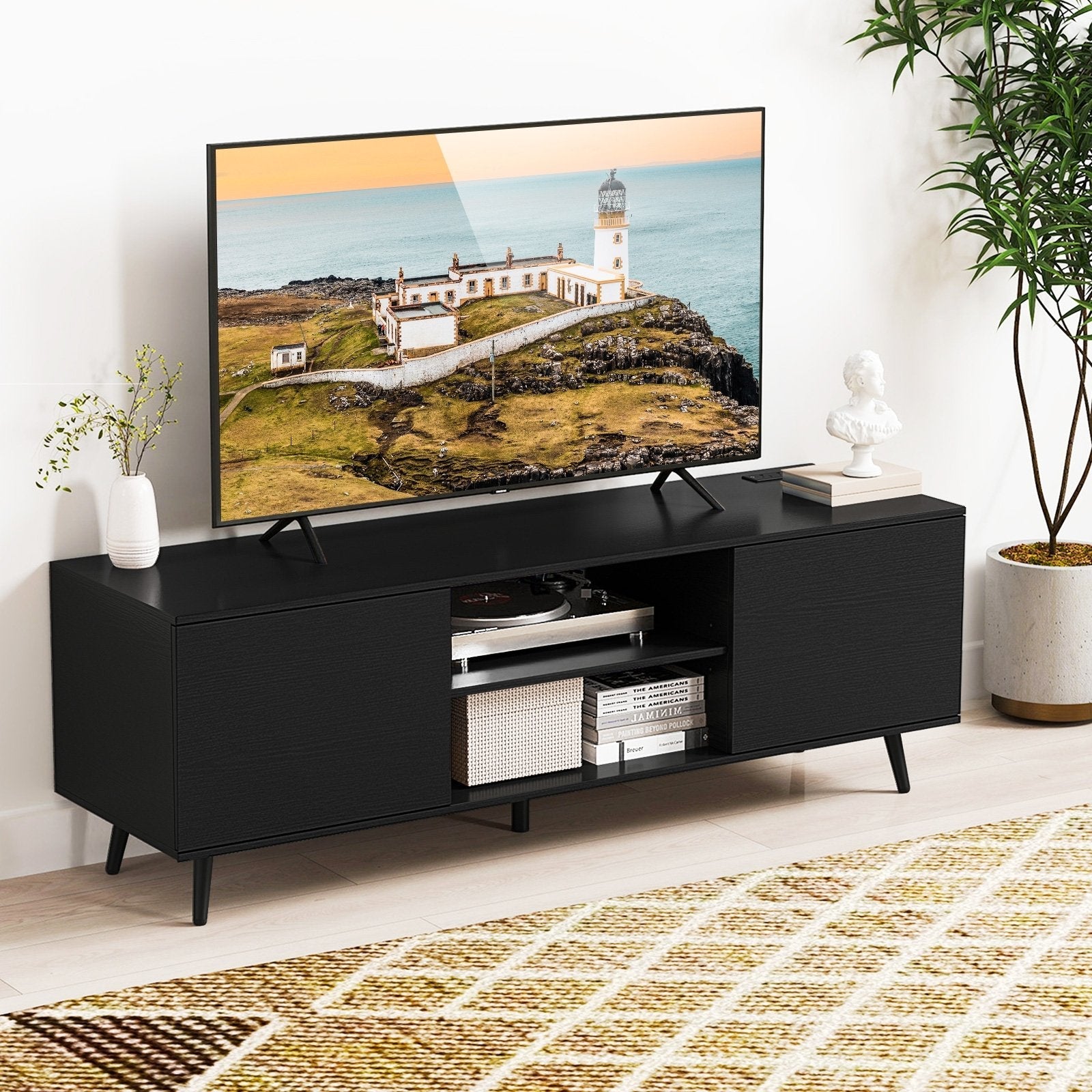 TV Stand with Power Outlets and Adjustable Shelf for 60 Inch TVs-Black