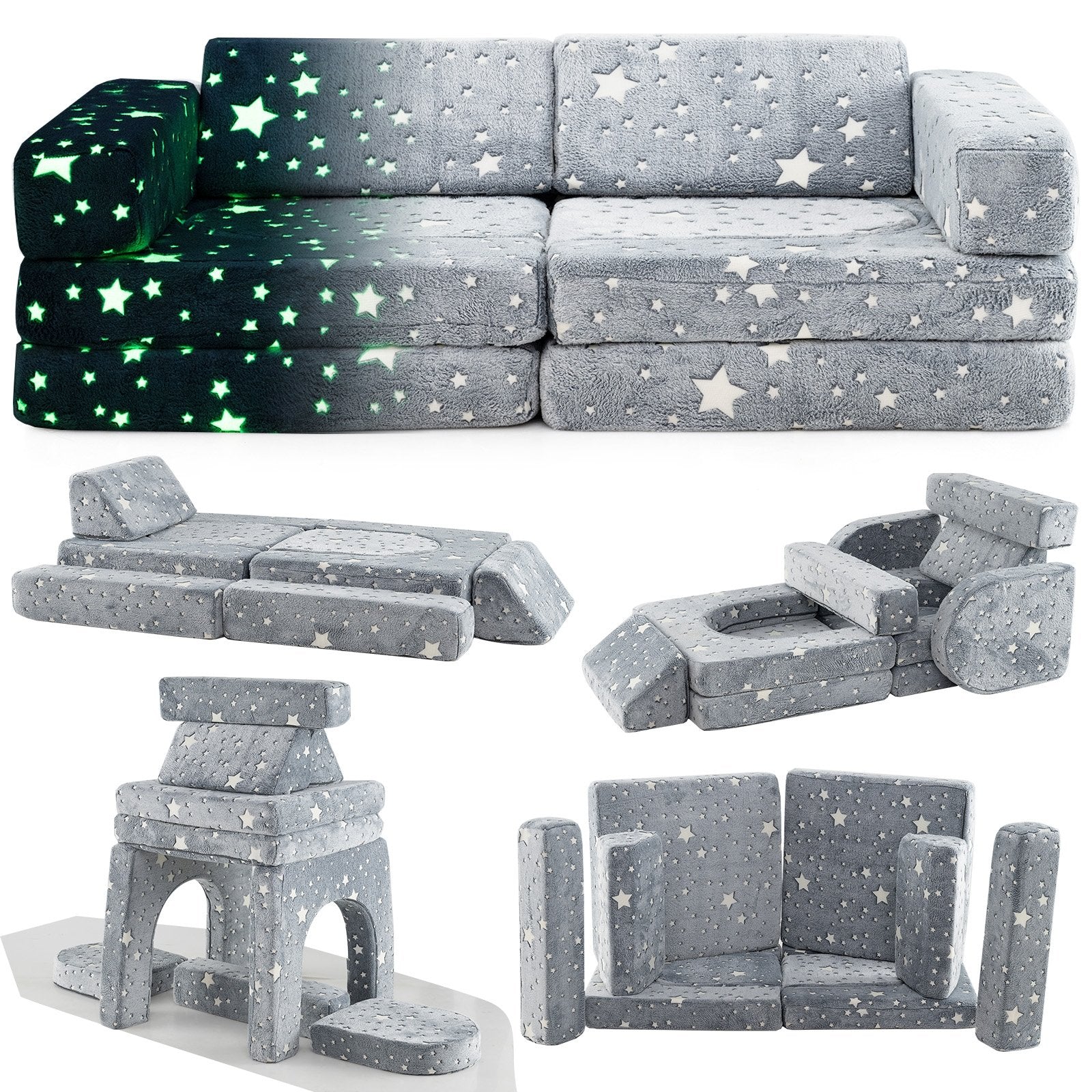 10 Pieces Modular Kids Play Couch Sectional Sofa Glow in the Dark-Gray
