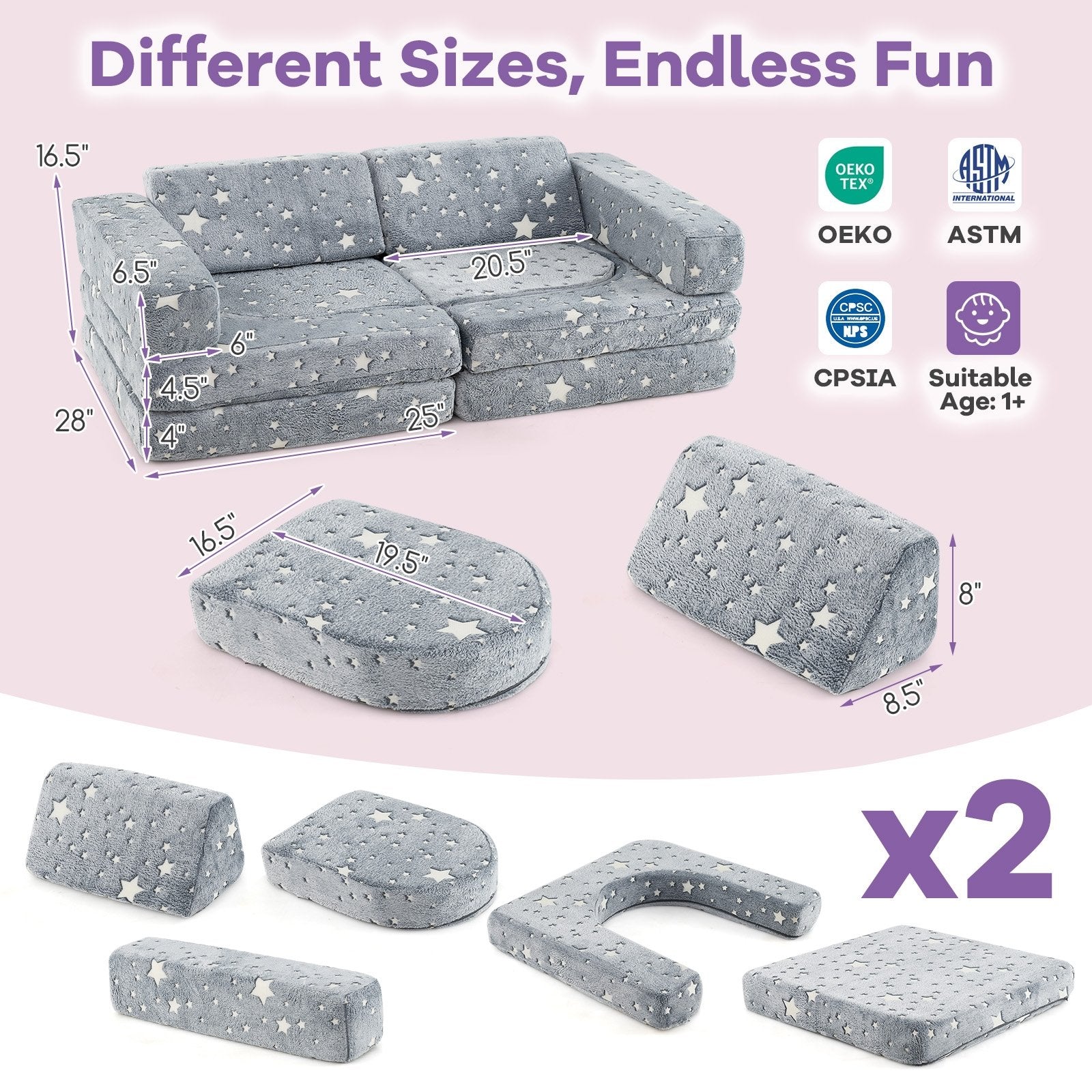 10 Pieces Modular Kids Play Couch Sectional Sofa Glow in the Dark-Gray