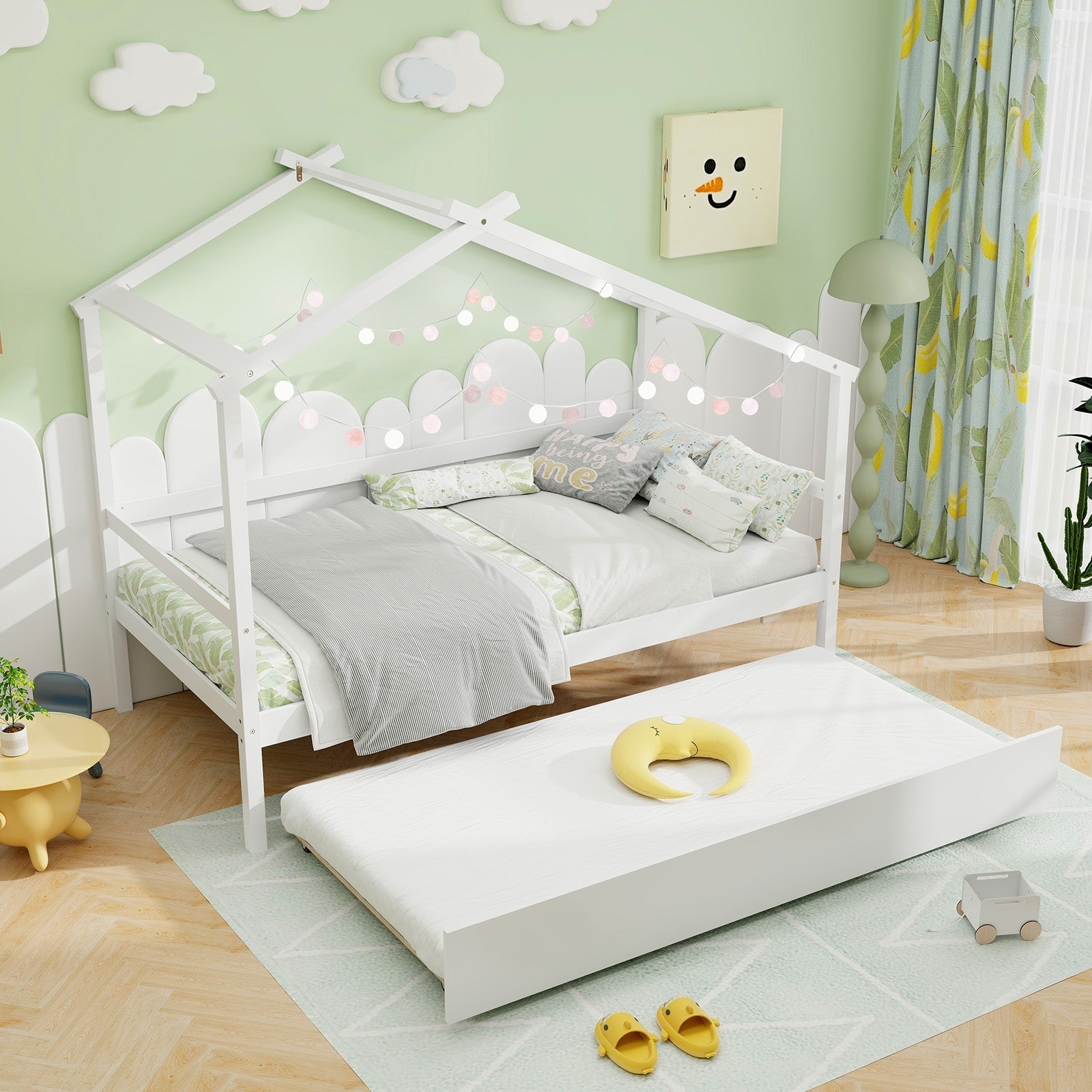 Kids Twin Size House Bed with Trundle and Roof-Gray