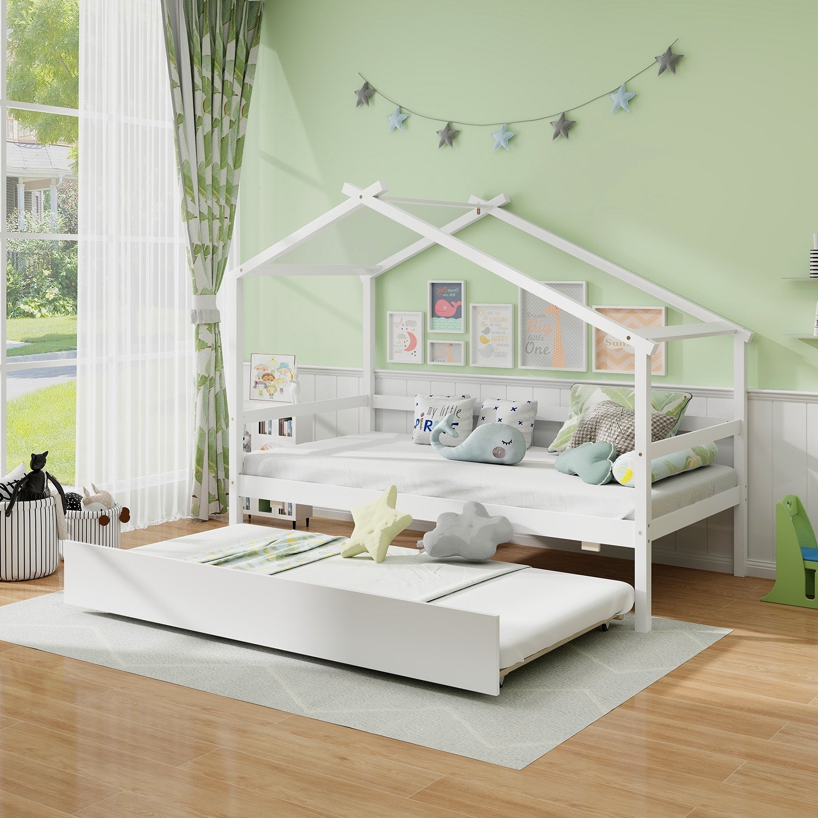 Kids Twin Size House Bed with Trundle and Roof-Gray