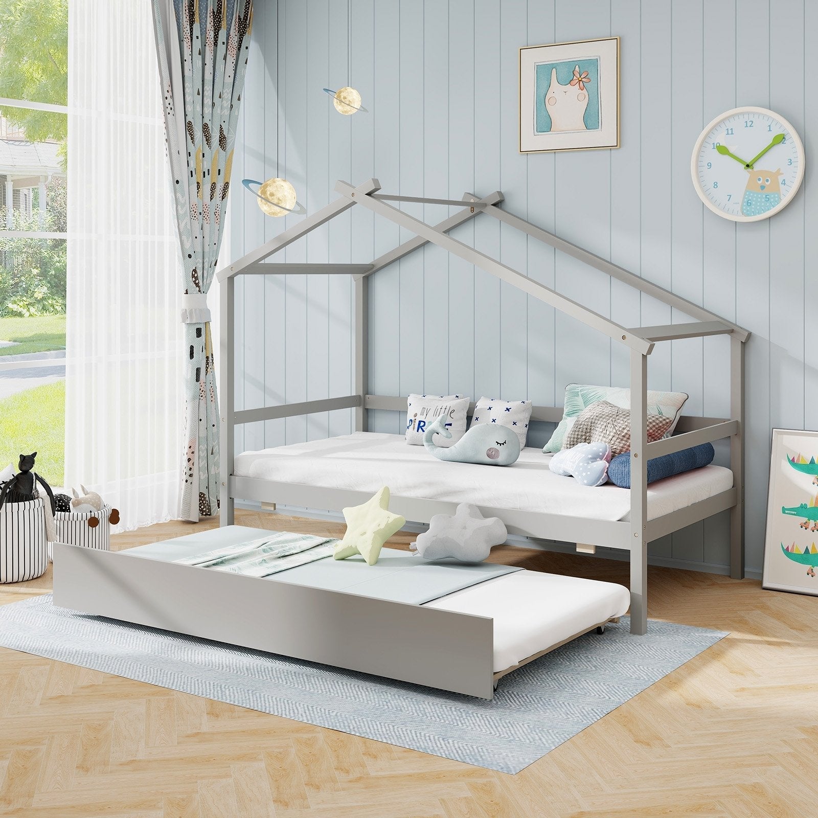 Kids Twin Size House Bed with Trundle and Roof-Gray