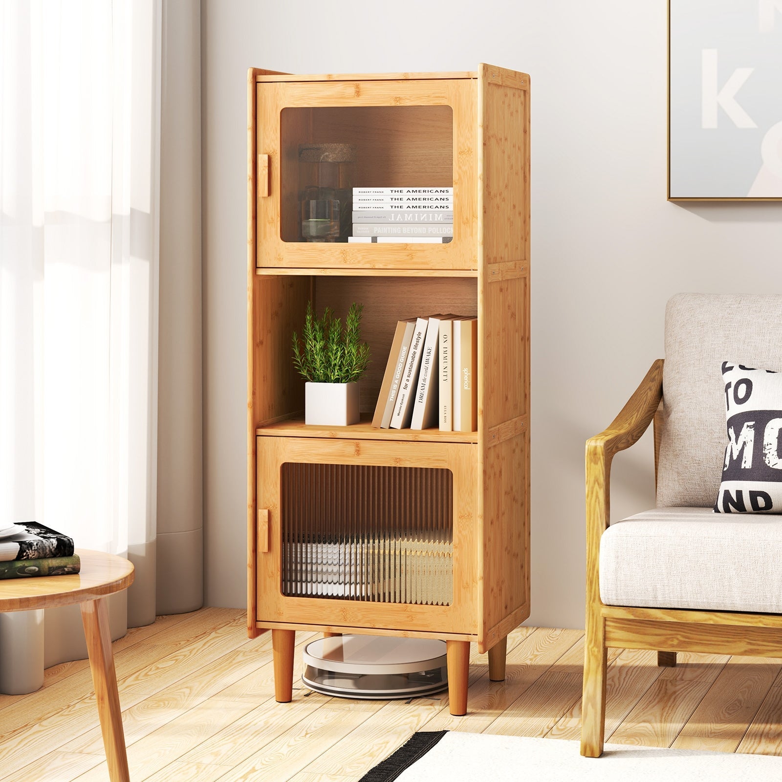 3-Cube Bamboo Storage Cabinet with Open Compartment and 2 Acrylic Doors-Natural