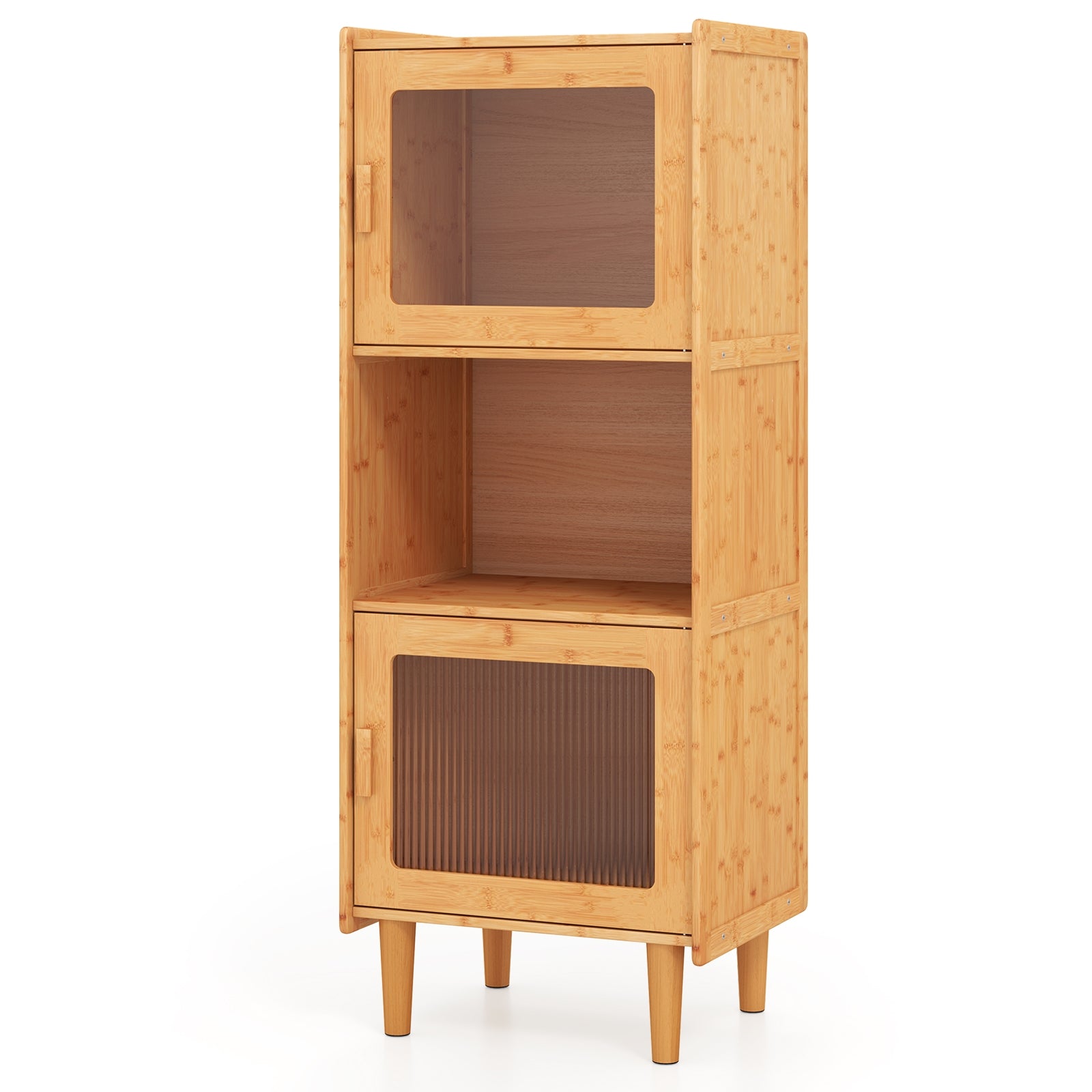 3-Cube Bamboo Storage Cabinet with Open Compartment and 2 Acrylic Doors-Natural