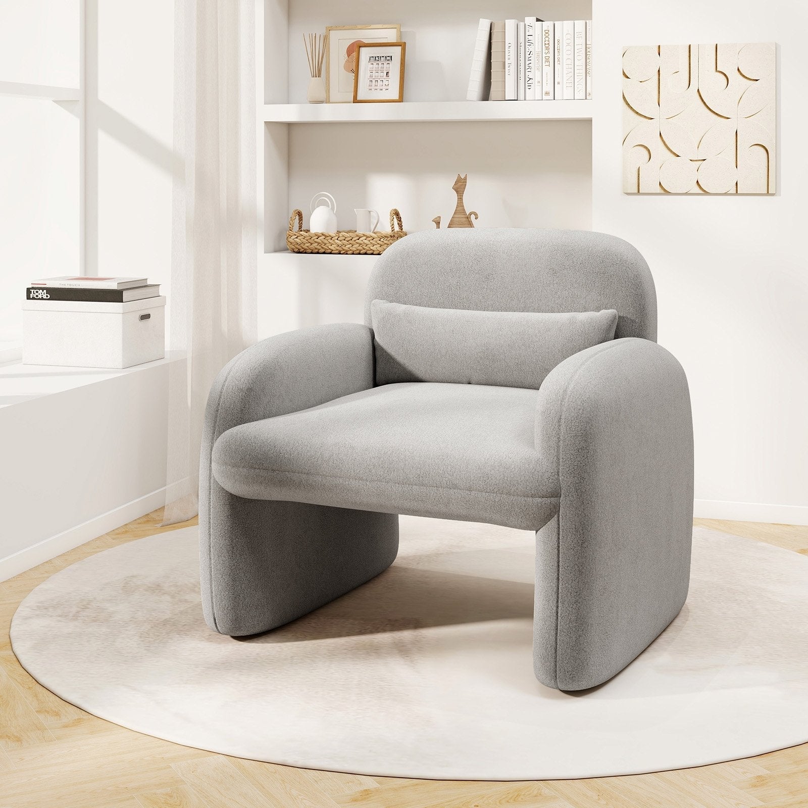 Modern Accent Chair with Waist Pillow and Armrests for Living Room Bedroom-Beige