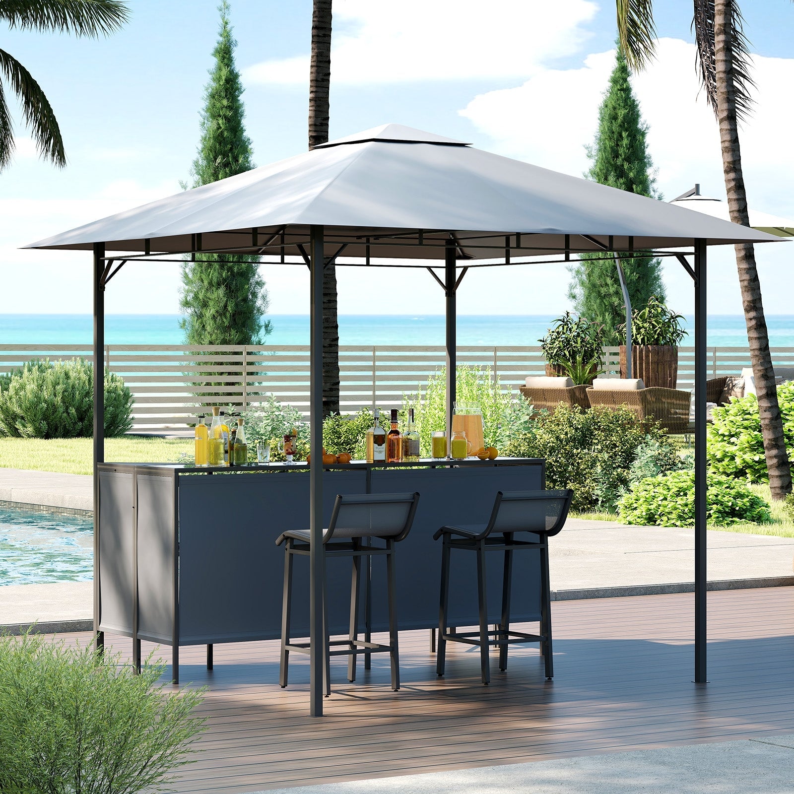3-Piece Patio Bar Set 8 x 8 FT Double-Tier Grill Gazebo with 2 Bar Stools-Gray