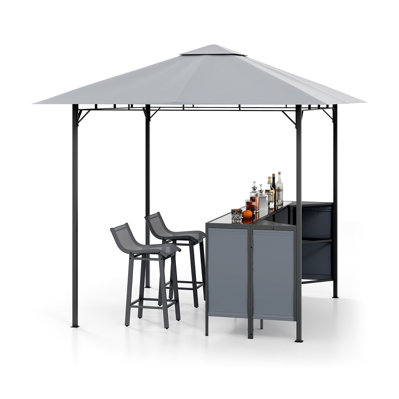 3-Piece Patio Bar Set 8 x 8 FT Double-Tier Grill Gazebo with 2 Bar Stools-Gray