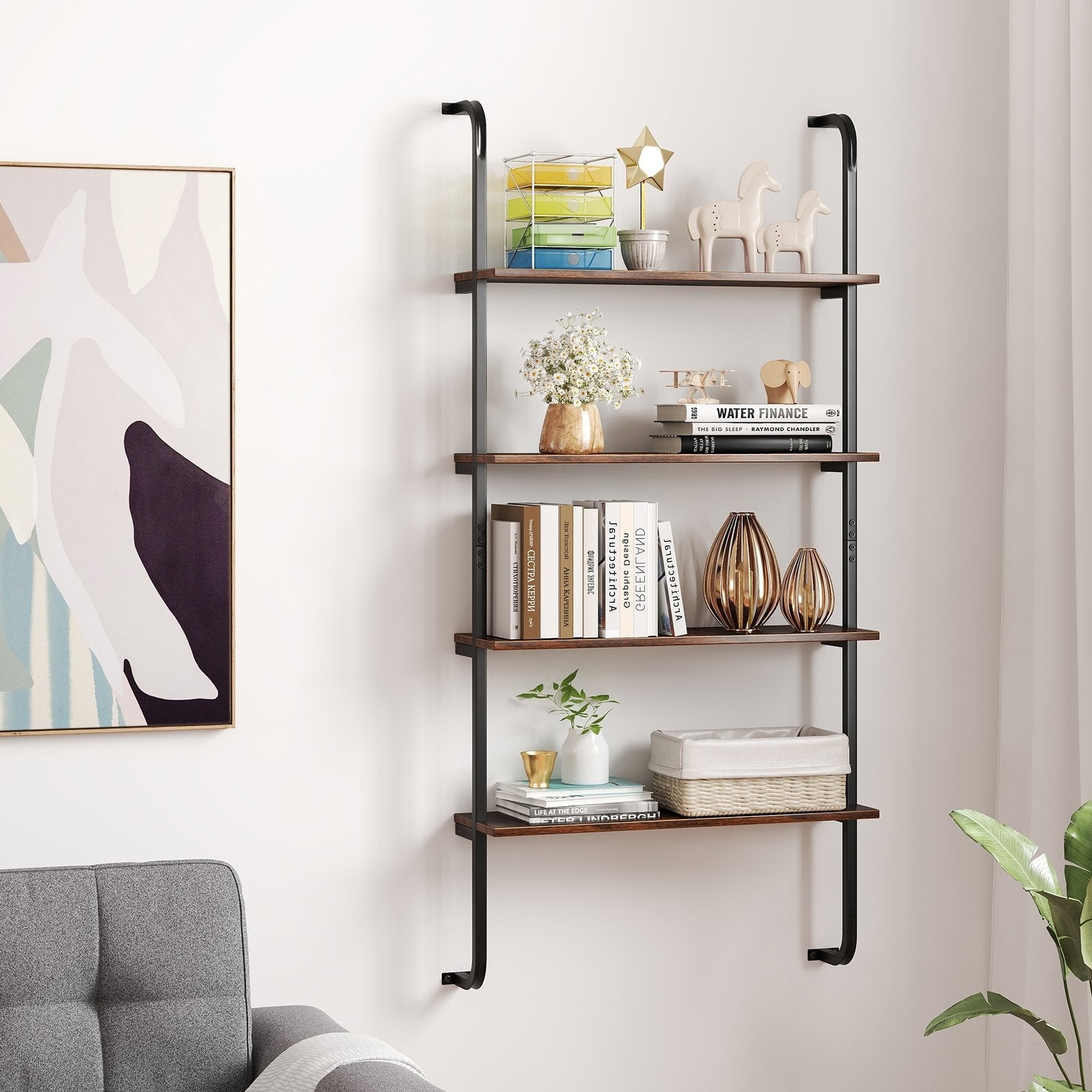 4-Tier Industrial Pipe Shelving with Metal Frame for Living Room Kitchen-Oak