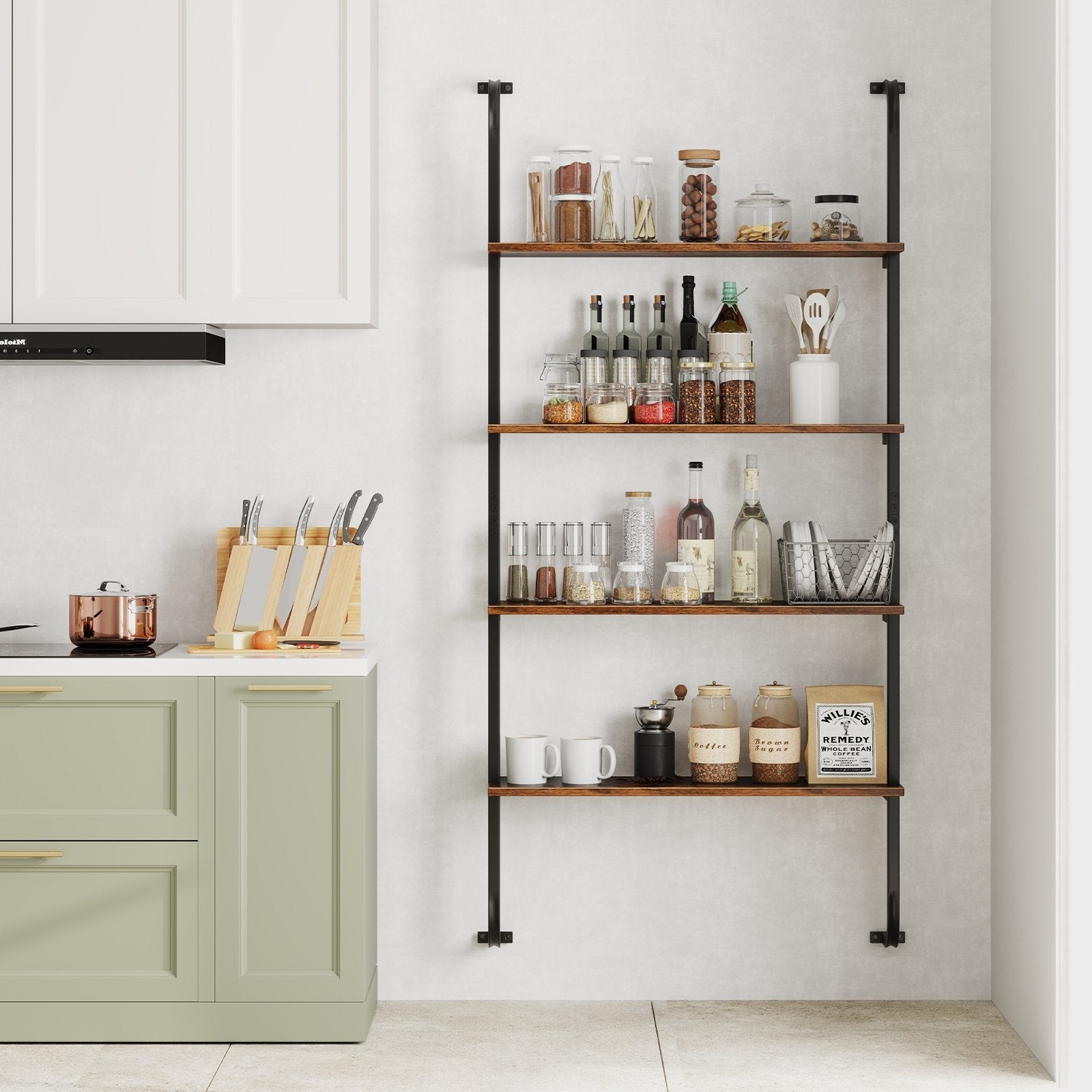 4-Tier Industrial Pipe Shelving with Metal Frame for Living Room Kitchen-Oak